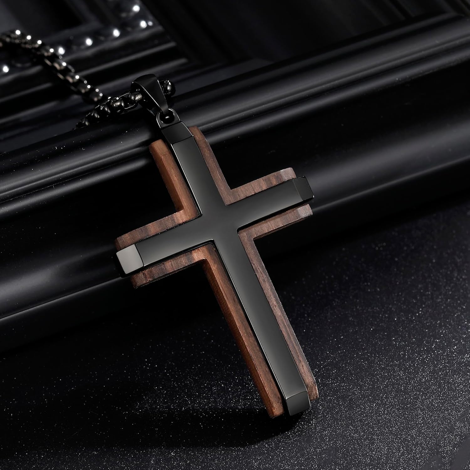 Wooden Cross Necklace for Men-Black Ebony Stainless Steel Adjustable Box Chain 24-26in,Christian Jewelry Gift for Men Women - Image 3