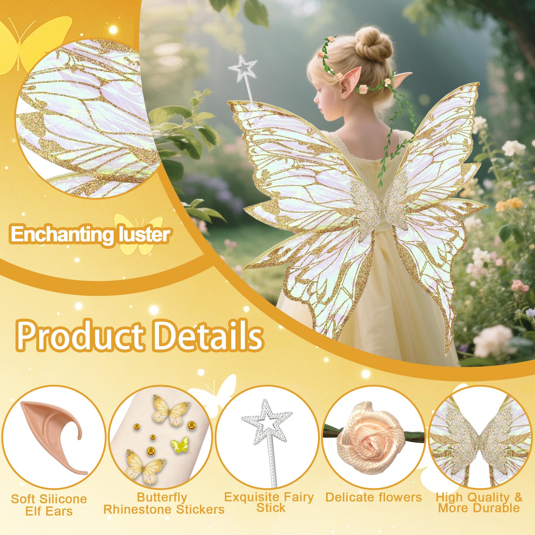 YeahBoom Children's fairy wings, butterfly wings with elf ears, fairy headband and star fairy wands, butterfly wings - Image 3