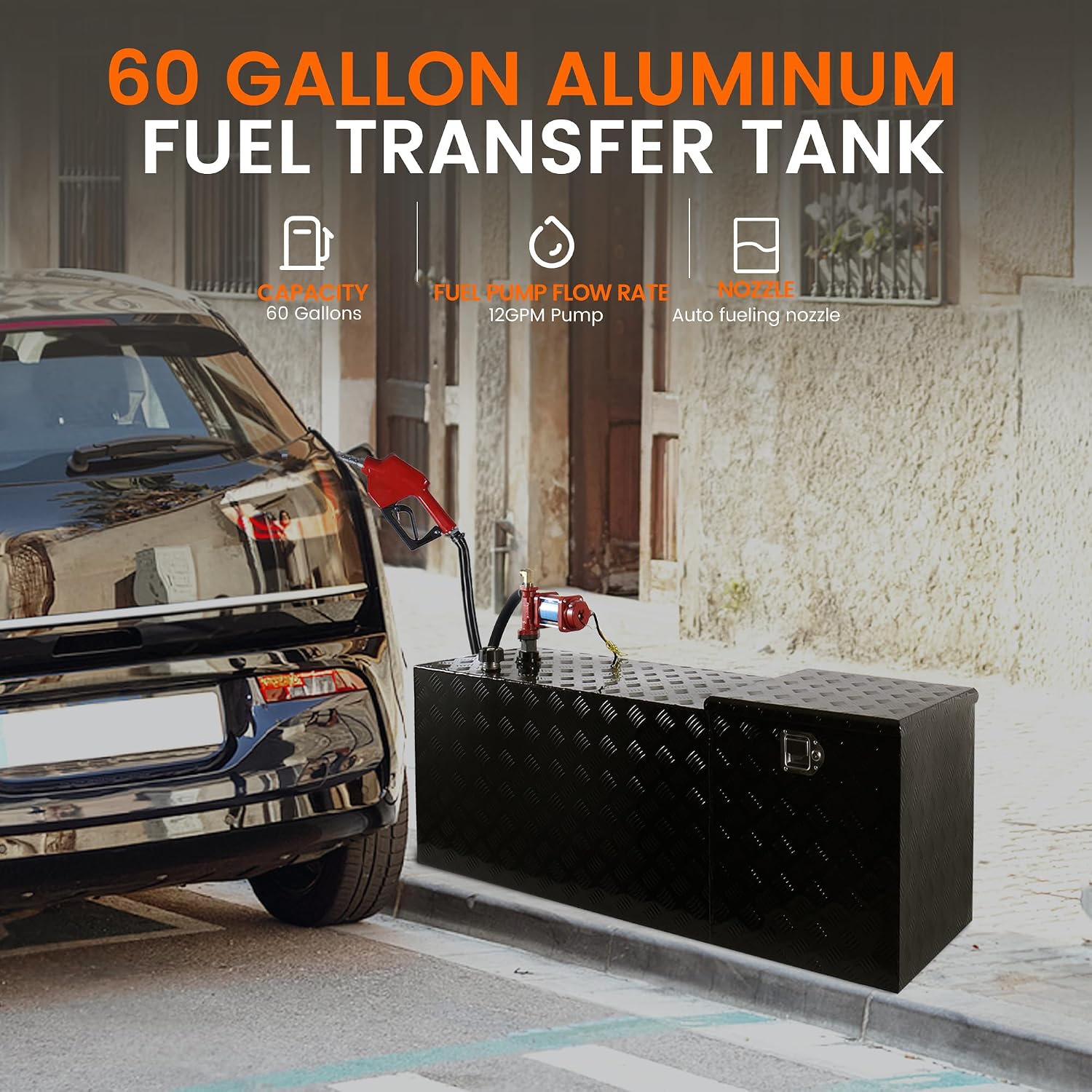 60 Gallon Black Aluminum Fuel Transfer Tank Tool Box Combo with 12 GPM Pump Auxiliary Tank