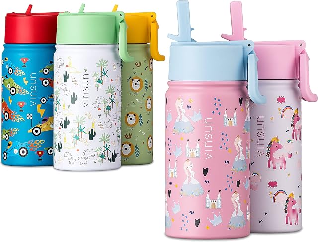 VINSUN Kids Water Bottles Pink 350ml with Straw - Leak-proof, Stainless Steel, BPA free - Girls Insulated Drinks Bottle with Princess for School, Sport