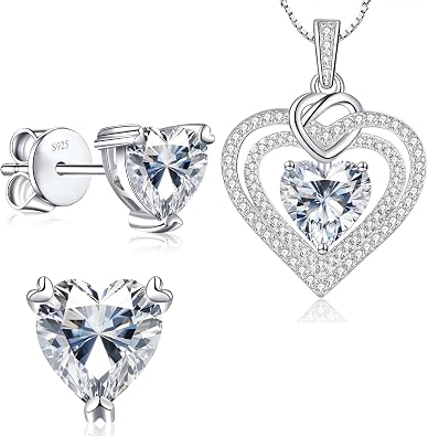 Moissanite Necklace and Heart Earrings Set, D Color VVS Moissanite Diamond 925 Sterling Silver Fine Jewelry, Wedding Anniversary Birthday Gifts for Women Wife Girlfriend Her Mom