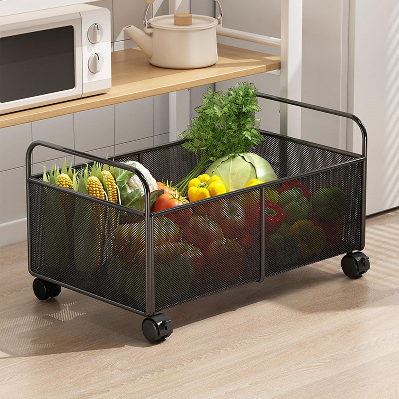 Cestino Portaoggetti in Filo di Ferro Organizer con Ruote Contenitore Metallo Multiuso Fruttiera Rete Ferrosa Portapane E Snack per Cucina Soggiorno, S