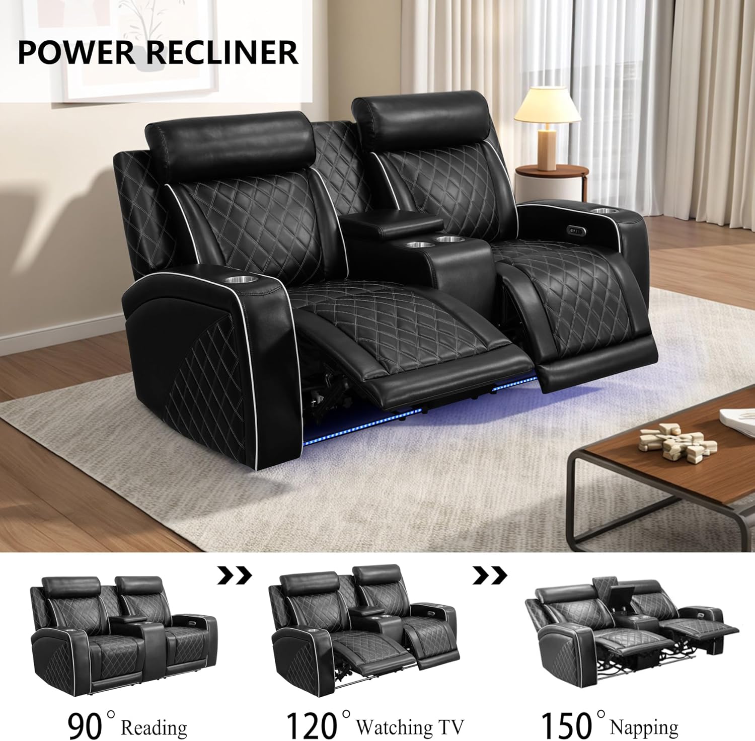 Power Recliner Sofa Set, Breathing Leather Reclining Couch Set, 3 Piece Living Room Furniture Set with LED Lights/Charging Ports/Storage for Home/Office (Black New, Sofa+Loveseat+Chair)