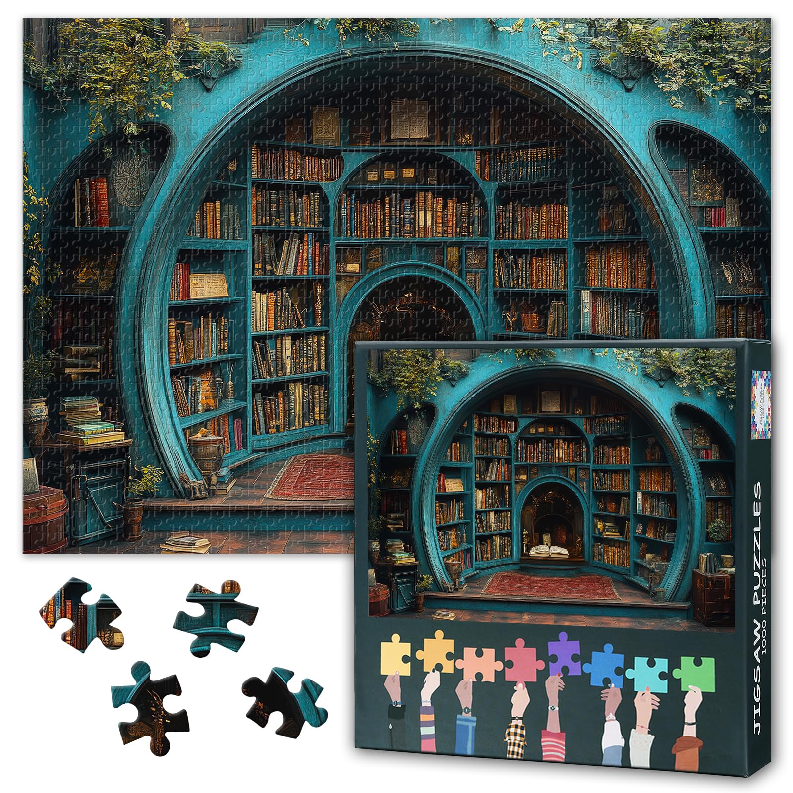 1000 Pieces Puzzles for Adults Circular Teal Library Challenging Jigsaw Puzzles Bookshelf with Books, Open Book, Rug Puzzle Games for Adults 50x70cm