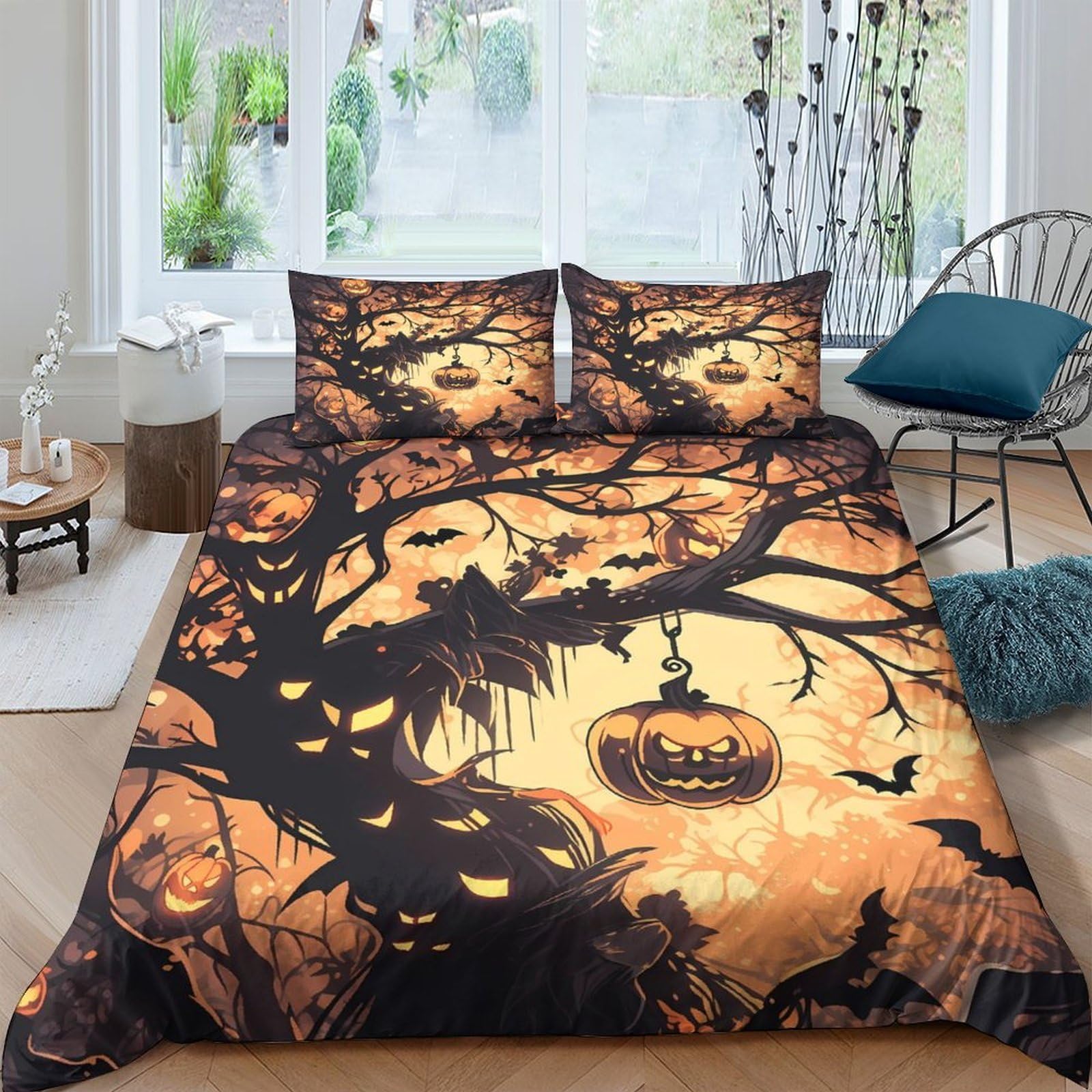 Ctjqhvkz Style-9 3D Printed Halloween Pumpkin Fitted Sheet Microfiber Soft Orange Black Haunted Forest Mattress Cover Bedroom Decor Single（135X200cm）