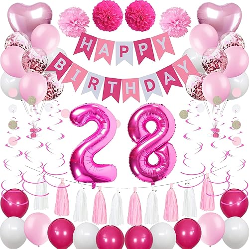 Decoraciones de cumpleaños número 28 para mujer, globos de feliz cumpleaños rosa y blanco, suministros de fiesta de cumpleaños 28 para su novia