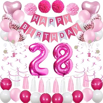 Sweet 28th Birthday Decorations for Women, Pink and White 28 Happy Birthday Balloons,28th Birthday Party Supplies for Her Girlfriend Wife Including Pink Happy Birthday Banner, Hot Pink Number 28 Foil
