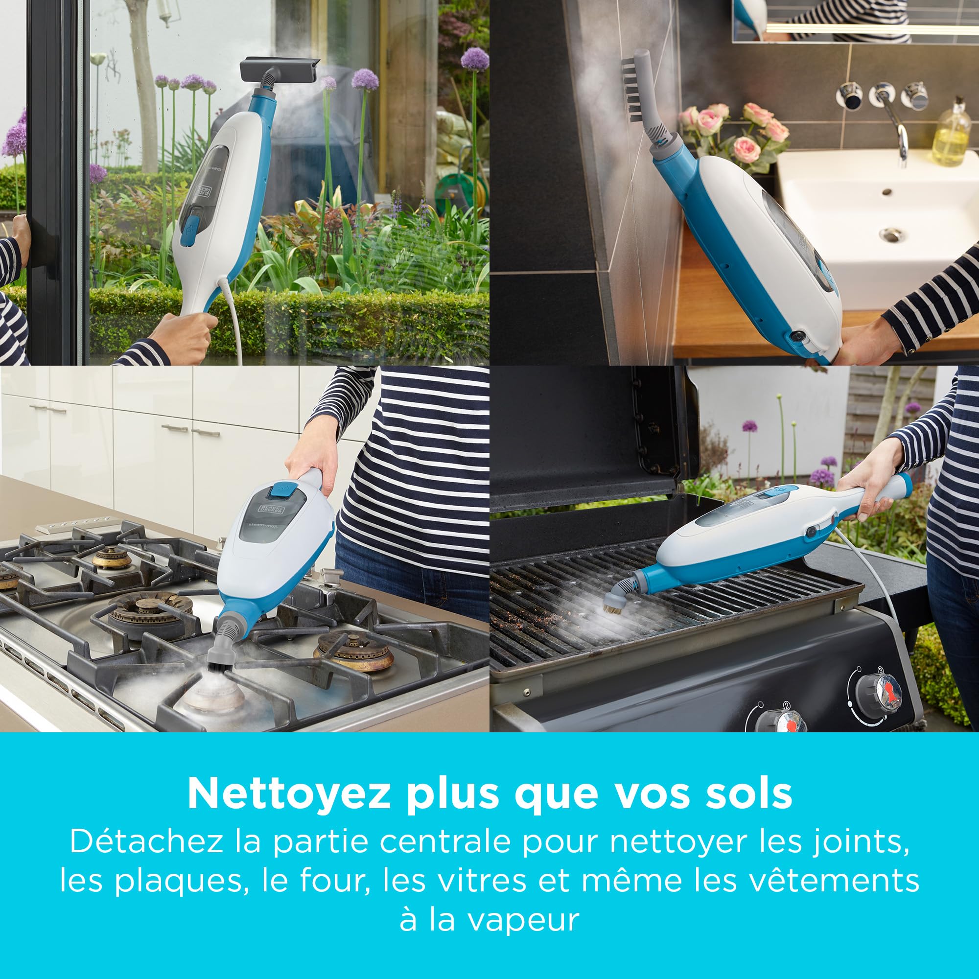 BLACK+DECKER - Balai Vapeur avec Nettoyeur à Main et 5 Accessoires - Multifonctions Puissance 1300W - Temps de Chauffe 25 sec - Tête Pivotante 180° - Réservoir Amovible 350 ml - FSMH13E5-QS