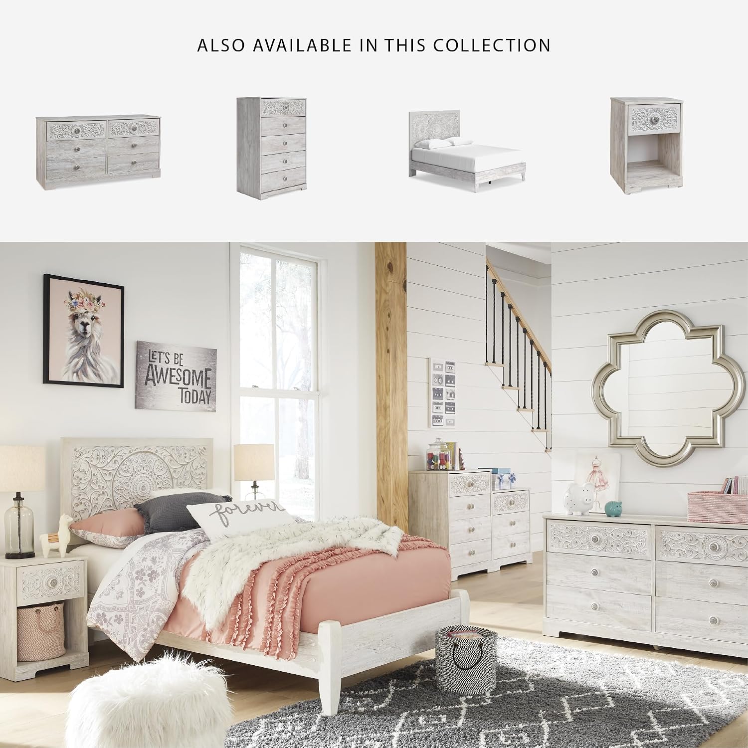 Signature Design by Ashley Paxberry 5 Drawer Chest of Drawers, Whitewash | Boho carved medallion accents, Durable engineered wood construction, Space-saving 5-drawer vertical bedroom storage