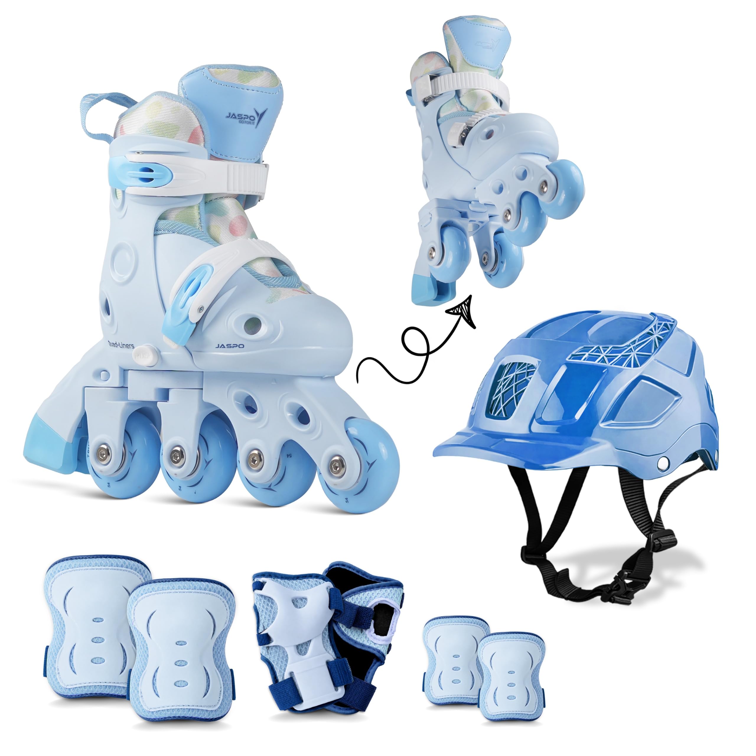 Jaspo Novice 2-in-1 Kids Roller Skates Combo– Inline to Quad Convertible | Adjustable Size | PU Wheels | Fiber Body | Lightweight & Comfortable Skating Combo (Blue, Extra Small)-image-36