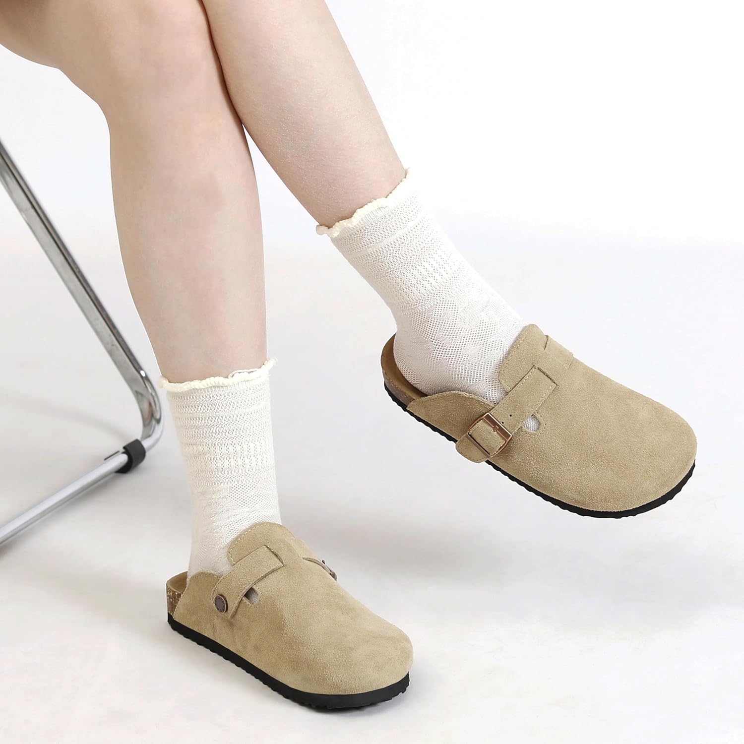 Women's Suede Clogs Men's Leather Mules Cork Footbed Sandals Slip-on Potato Shoes with Arch Support - Image 6