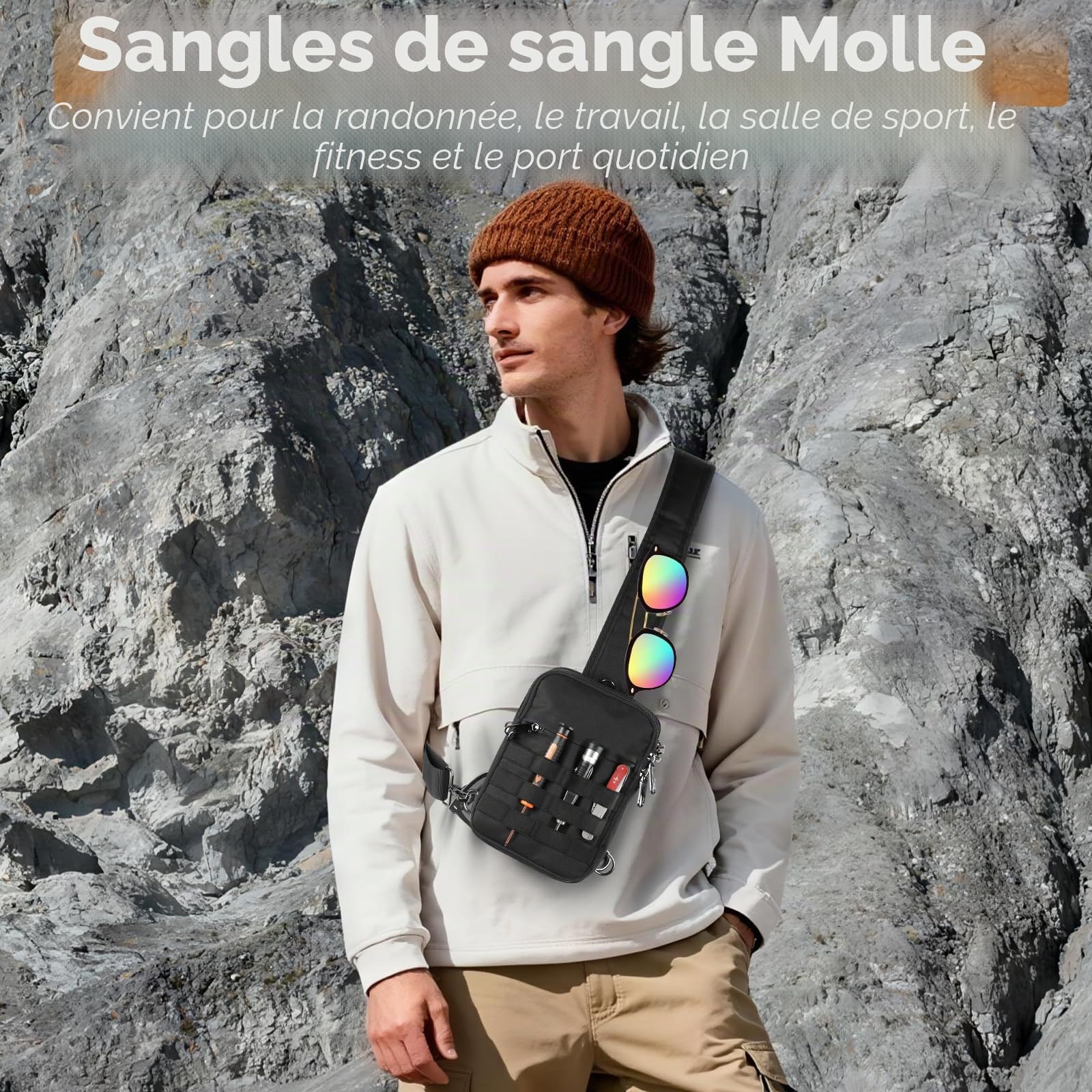 BROADREAM Sac à Bandoulière antivol - Tactique Sac de poitrine - Étanche sacoche homme - Petit sac à main avec fermeture éclair et blocage RFID