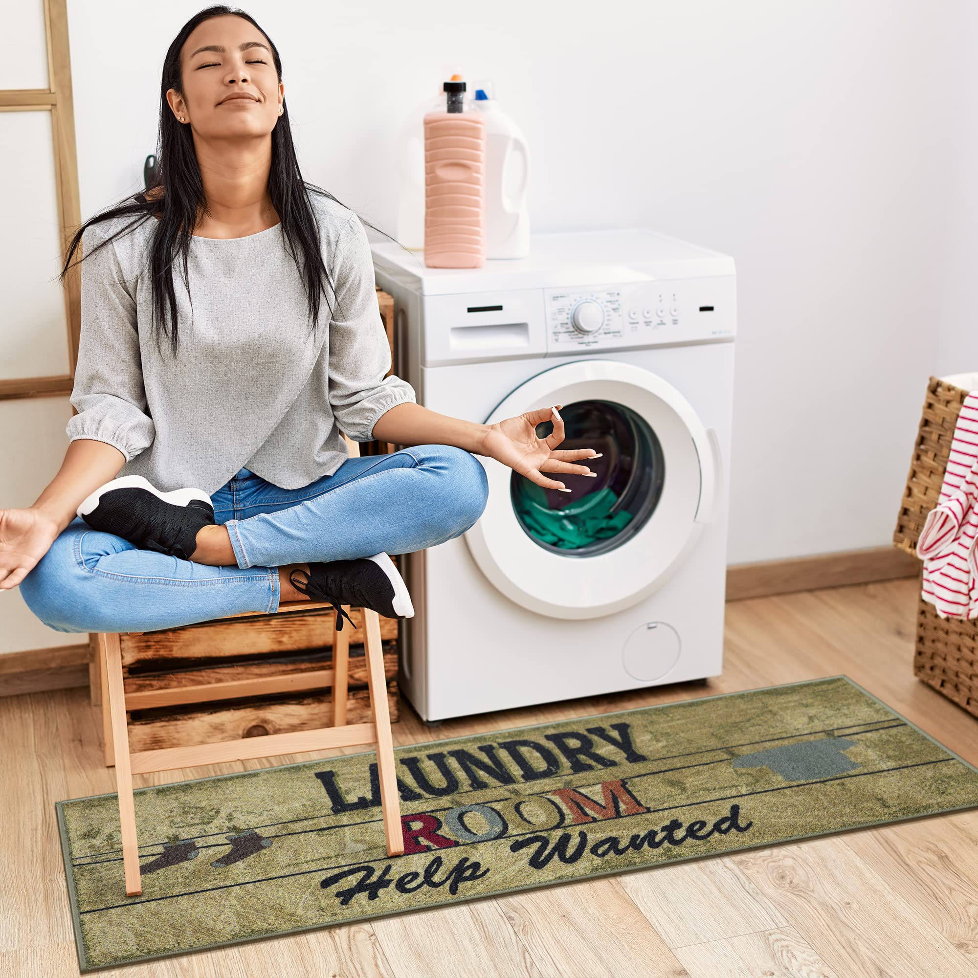Ottomanson Laundry Collection NonSlip Rubberback Vintage Laundry Text Design 2x5 Laundry Room