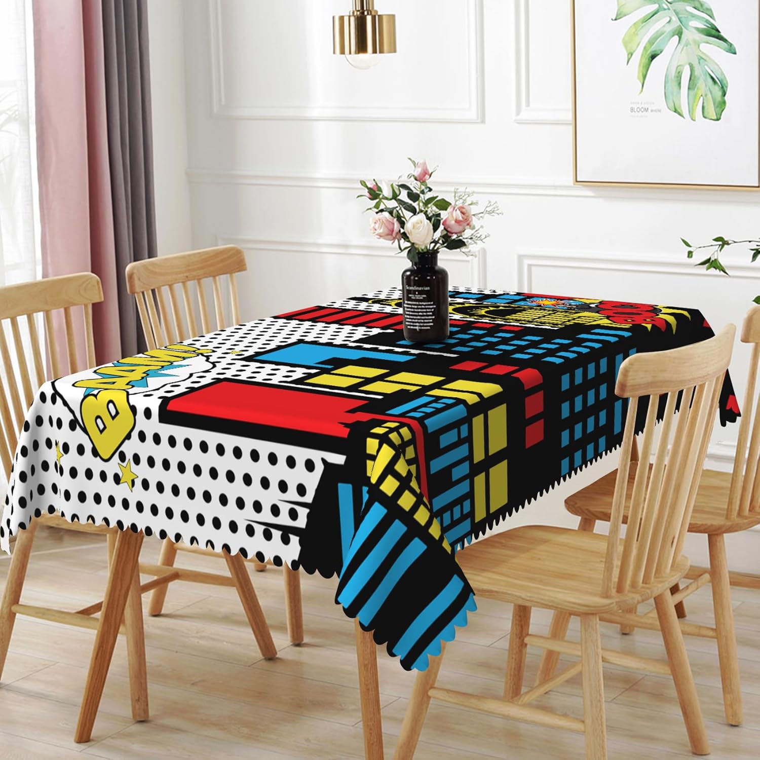 54x86inches Cartoon Comic Super Hero City Tablecloth Humor Abstract Superhero Decorative Table Cloth Waterproof Oil Proof Polyester Table Cover for Dining Room Kitchen Themed Party Decors