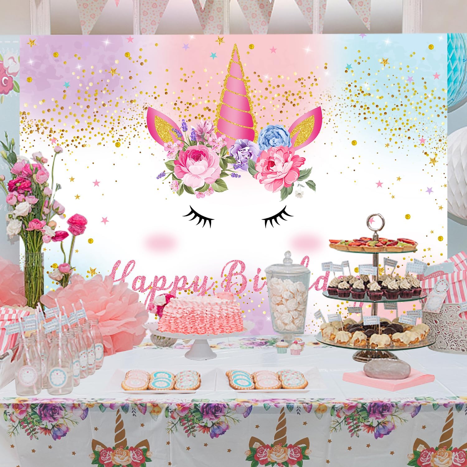 Unicorn Backdrop 5x3ft with Tablecloth 180x108cm for Girls Birthday Party Decoration Unicorn Watercolor Floral Glitter Stars Dots Backdrop Unicorn Theme Party Decoration Supplies Unicorn Tablecloth