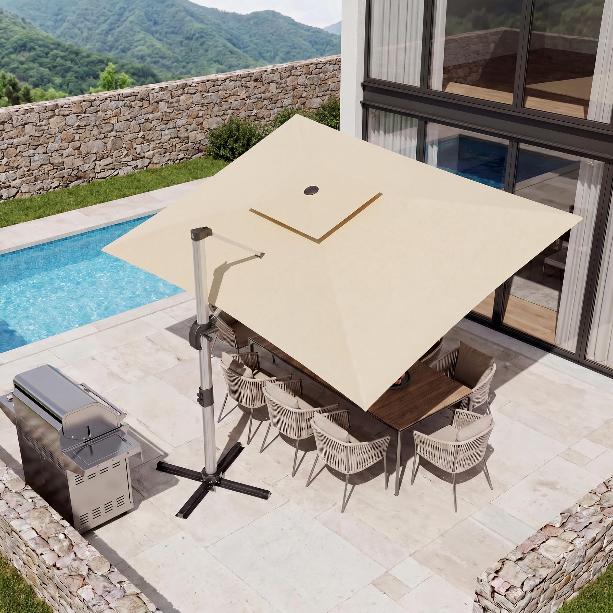 JUMMICO Ombrellone da Giardino Rettangolare 400x300cm,Parasole a Doppio Telo con Ventilazione Integrata,Struttura in Alluminio Antiruggine,Telo PU Impermeabile e Anti-UV,Regolabile in Altezza,Beige