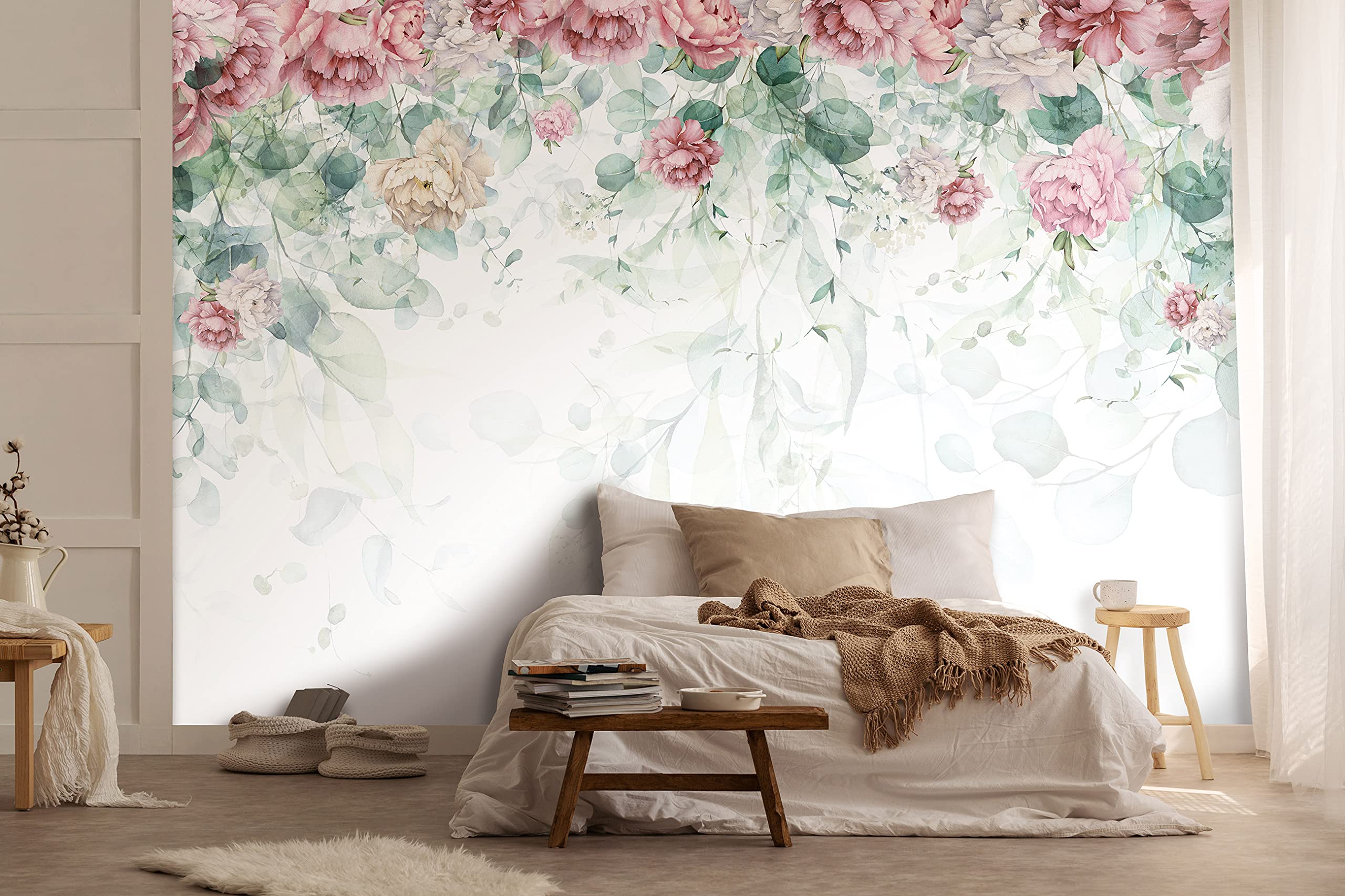 WallArena Carta Da Parati Fotografica Fiori Foglie Verde Rosa - Include Colla - Moderna Design Carta per Pareti Soggiorno Camera Da Letto Sala Fotomurali In Tessuto Non Tessuto TNT (368x254 cm)