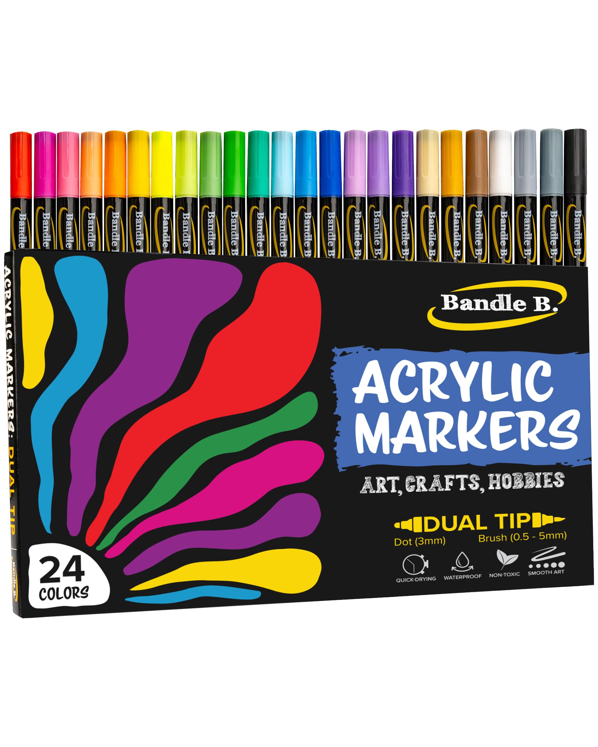 Bandle B. Acrylic Paint Markers – Set of 24 Dual Tip Paint Pens with Dot and Brush Tip for Art, Rock Painting, Coloring, Journaling, Wood, Glass, Canvas and DIY Crafts