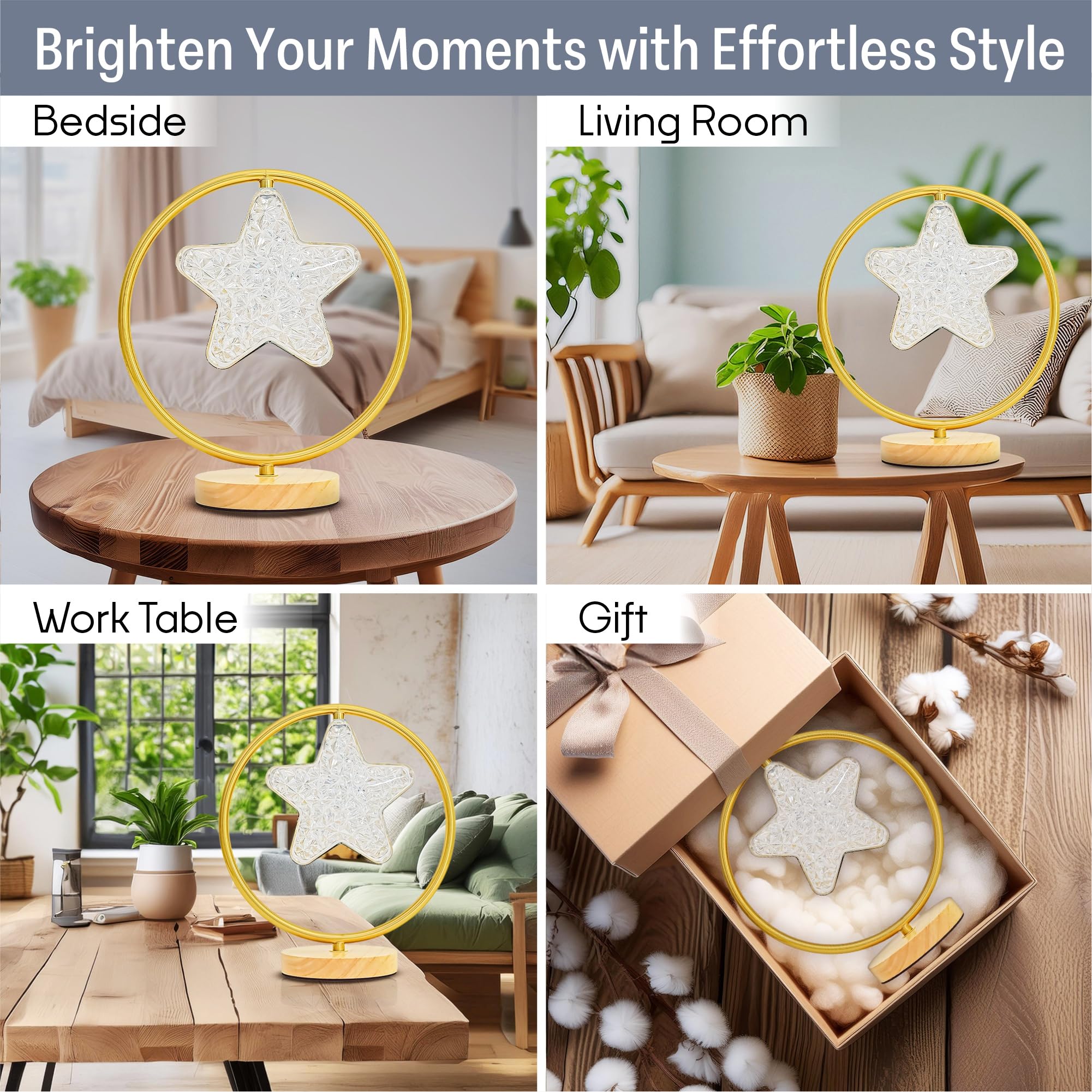 Kuber Industries Dimmable Bedroom Lamp for Side Table | Office & Desk Table Lamp for Living Room and Home with Acrylic Shade, Metal & Wooden Base | Natural Wooden Brown-Star-WH-T0013-1 4
