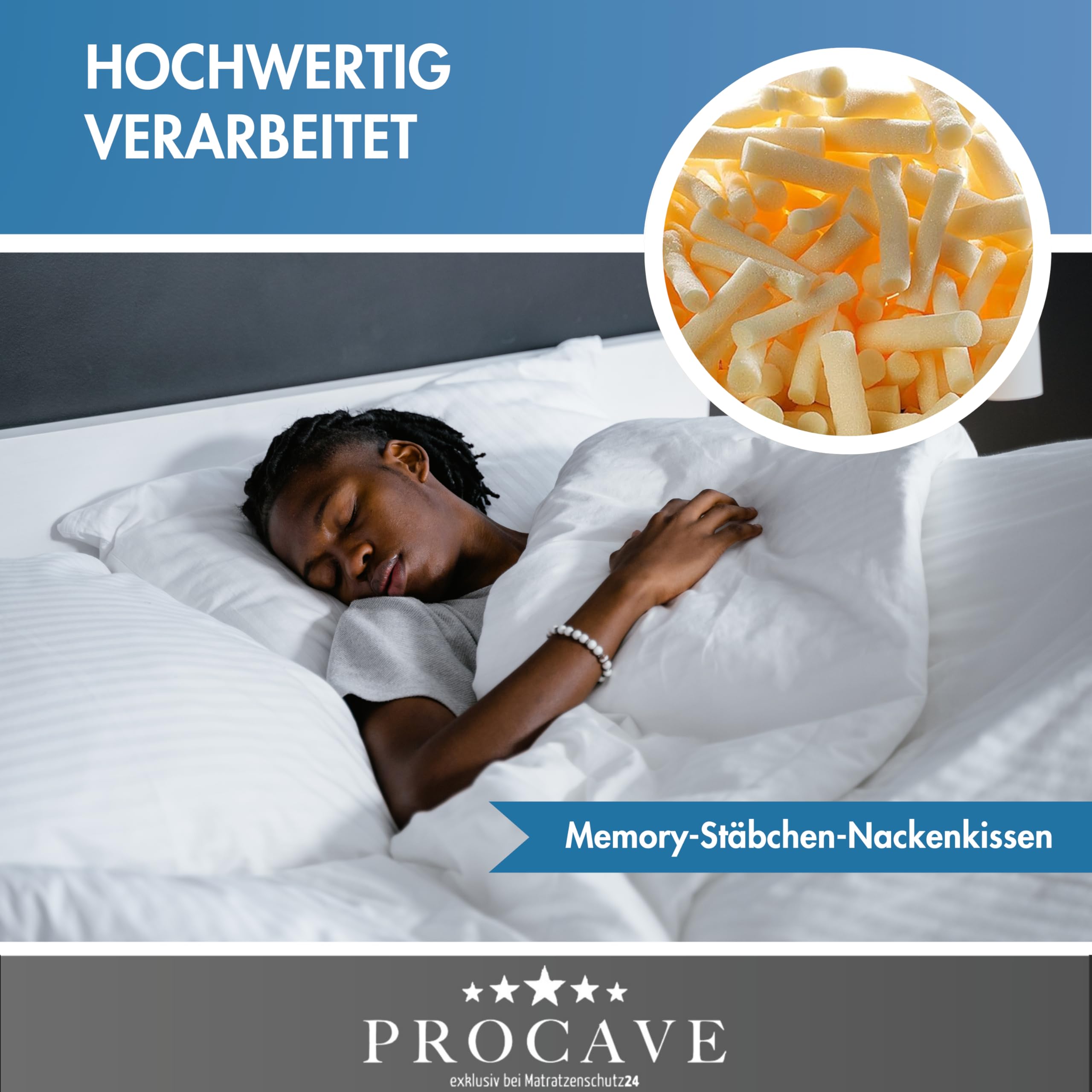 PROCAVE Nackenstützkissen Memory, viscoelastisches Kissen in 40x80cm Kopfkissen-Form, Abnehmbarer und waschbarer Kissenbezug mit AloeVera Ausrüstung, 100% aus Deutschland