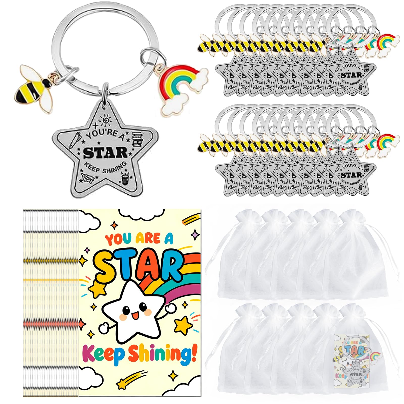 30 Pack School Leavers Gifts for Students from Teachers, End of Term Gifts for Children, End of Year Class Gift for 30 Children with Keyrings & Cards & Gift Bags, Class Gift from Teacher to Students