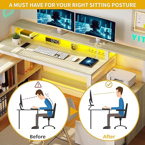 Miniatura 6 de DWVO Escritorio en forma de L con cajones, escritorio para computadora de 65 pulgadas con tomas de corriente y luces LED, escritorio de esquina para