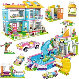 Friends House Pool Party Building Kit, Family House Swimming Pool Water Park Building Set with Storage Box, Creative Roleplay Building Blocks Toy Birthday Gifts for Kids Girls Aged 6-12 (1736 Pieces)