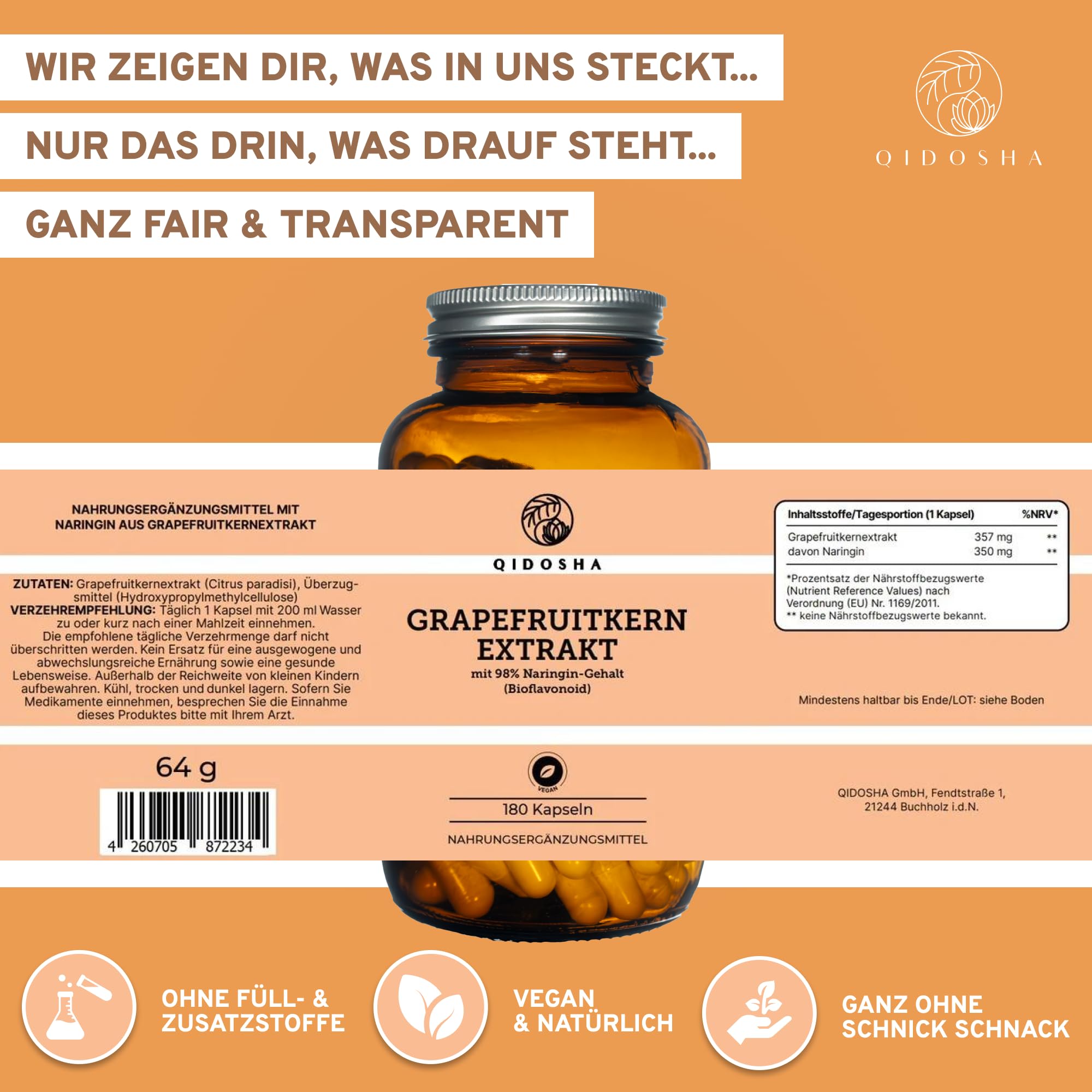 QIDOSHA® Grapefruitkern-Extrakt mit 98% Naringin, 350mg reines Naringin je Kapsel, 180 Kapseln im Apotheker-Glas, jede Charge laborgeprüft, deutsche Fertigung