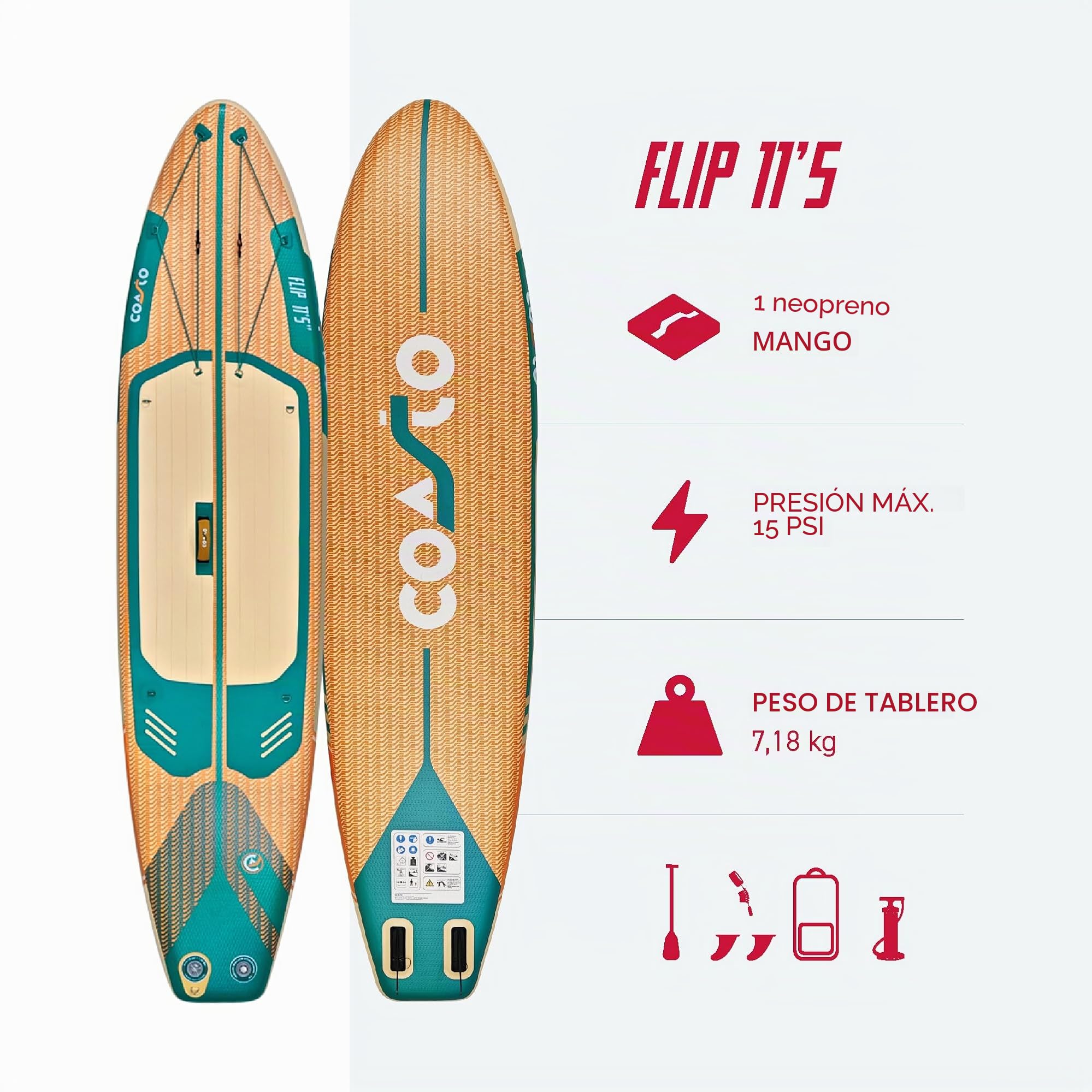 Coasto – Sup Stand Up Paddle Inflable Coasto Flip 11'5 – PB-CFLIP115-348x81x15 cm Dropstitch Woven – Paquete Completo – Paleta Leash Bomba Bolsa de Transporte – hasta 150 kg – Naranja