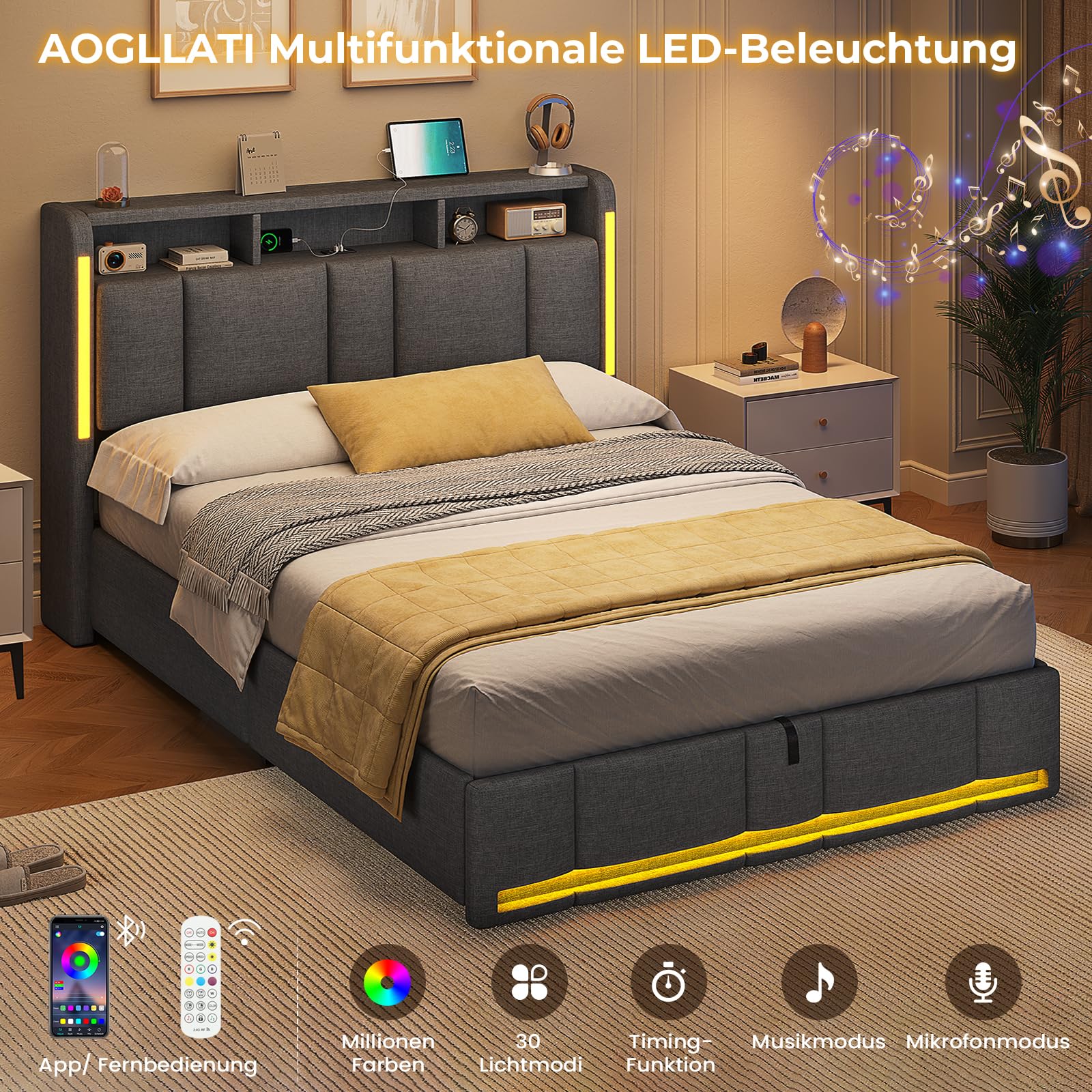AOGLLATI Polsterbett 140×200 mit Steckdosen & LED Beleuchtung, Doppelbett 140x200 mit Stauraum Kopfteil & Hydraulischem Stauraum, Bettgestell mit Lattenrost,Jugendbett, Linen, Ohne Matratze,Dunkelgrau
