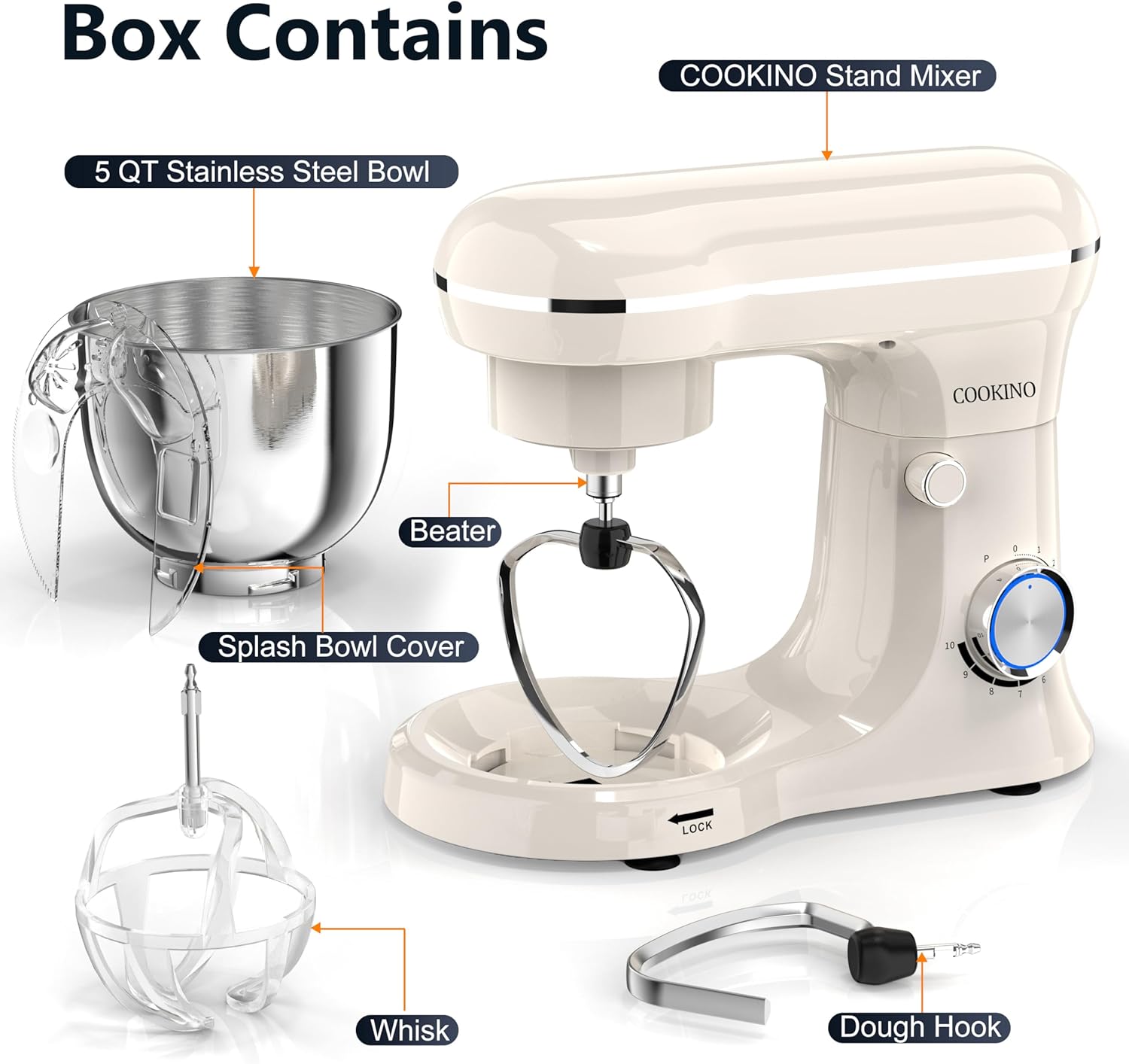 electric stand mixer,10 speeds tilt-head food mixer, 3-in-1 kitchen mixer for daily cooks with 5 qt bowl,dough hook, beater, whisk (almond cream)