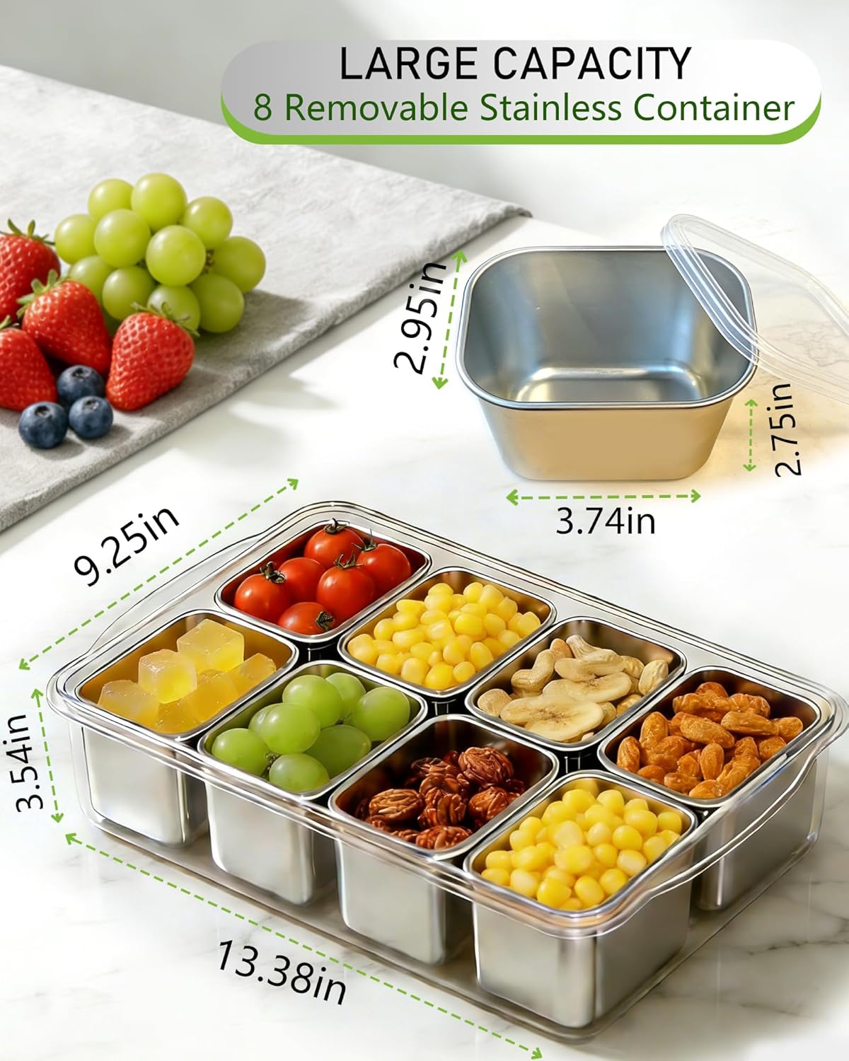 Snackle Box Container, Stainless Steel Divided Serving Tray with Lid and Handle, Large Snack Tray for Fruit Veggie Candy, 8-Compartment Snack Platter for Travel Party Beach Picnic - Image 2