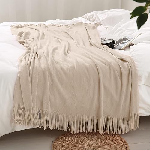 Miniatura 3 de Homiest - Manta decorativa de punto con flecos, manta ligera tejida de acrílico, manta suave y acogedora con borlas para sofá, sillón, cama (beige,