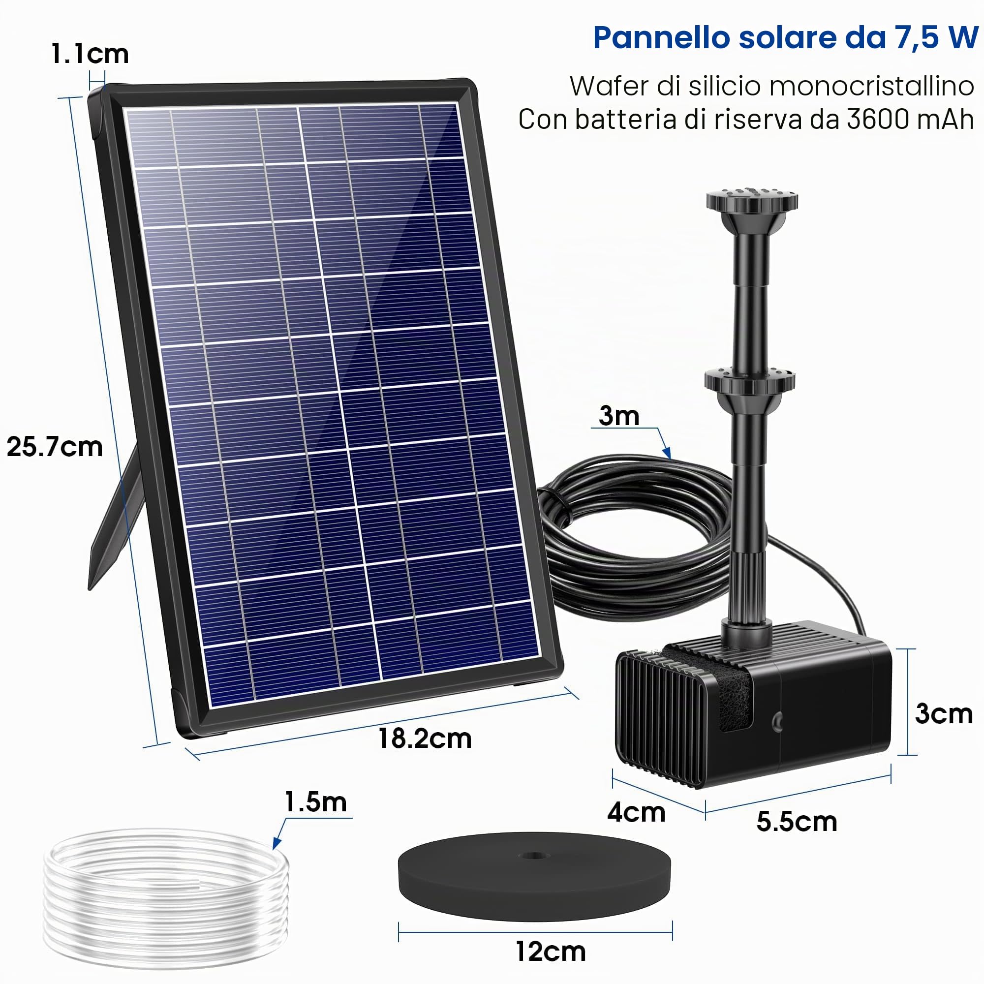 Biling Fontana Solare da Giardino, Pompa Acqua Solare da Esterno da 7.5 W con Batteria da 3600 mAh 139 GPH Tubo da 1,5 M con 10 Ugelli Bagno per Uccelli Fai da Te Piccoli Stagni Piscina da Giardino