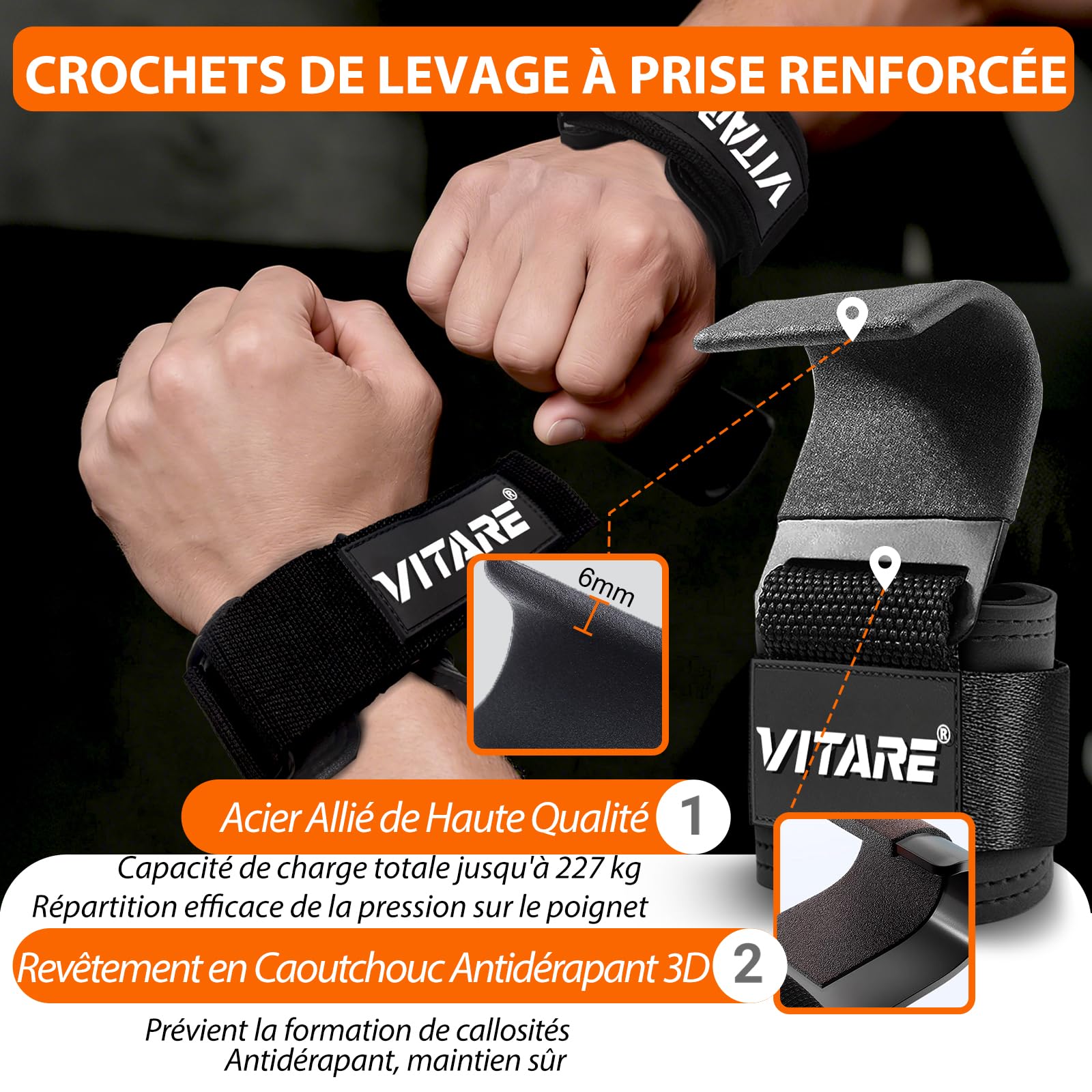 Sangle Musculation Crochet, Sangle de Tirage pour Soulevé de Terre, Tractions, Haltérophilie, Bande Poignet Musculation pour Hommes et Femmes