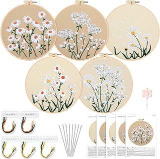 5 Sets Embroidery Starter Kit with Patterns and Instructions Daisy Dandelion Cross Stitch Set for Beginners DIY Adult Kids Beginner with Daisy Dandelion Pattern Embroidery Hoops Needles Threads