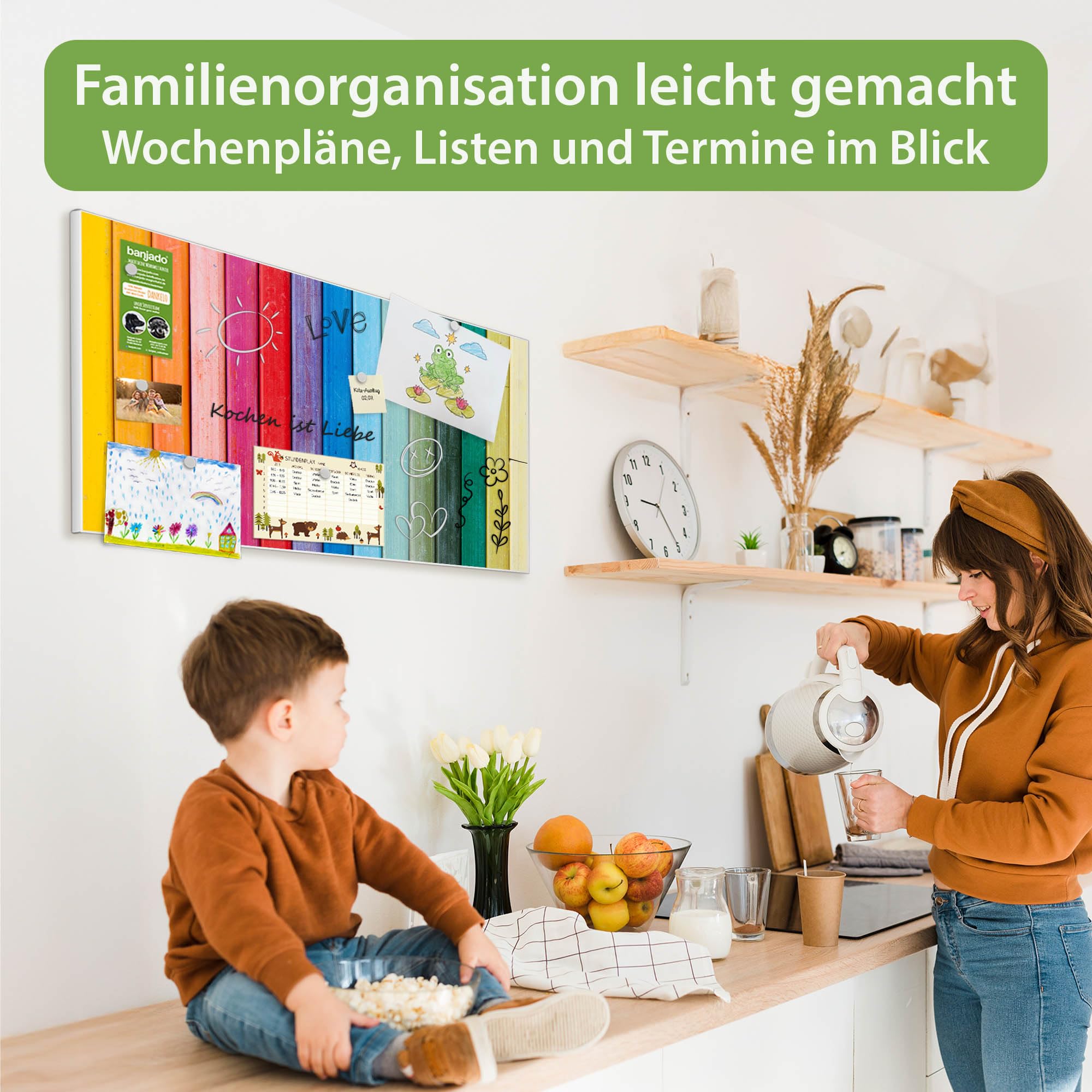 banjado Magnettafel Metall 78 x 37cm - beschreibbare Magnettafel - Metall Pinnwand als Memoboard - Magnetwand Küche, Büro, Kinderzimmer Weiß inkl. 4 Magnete & Montageset - Motiv Regenbogenfarben