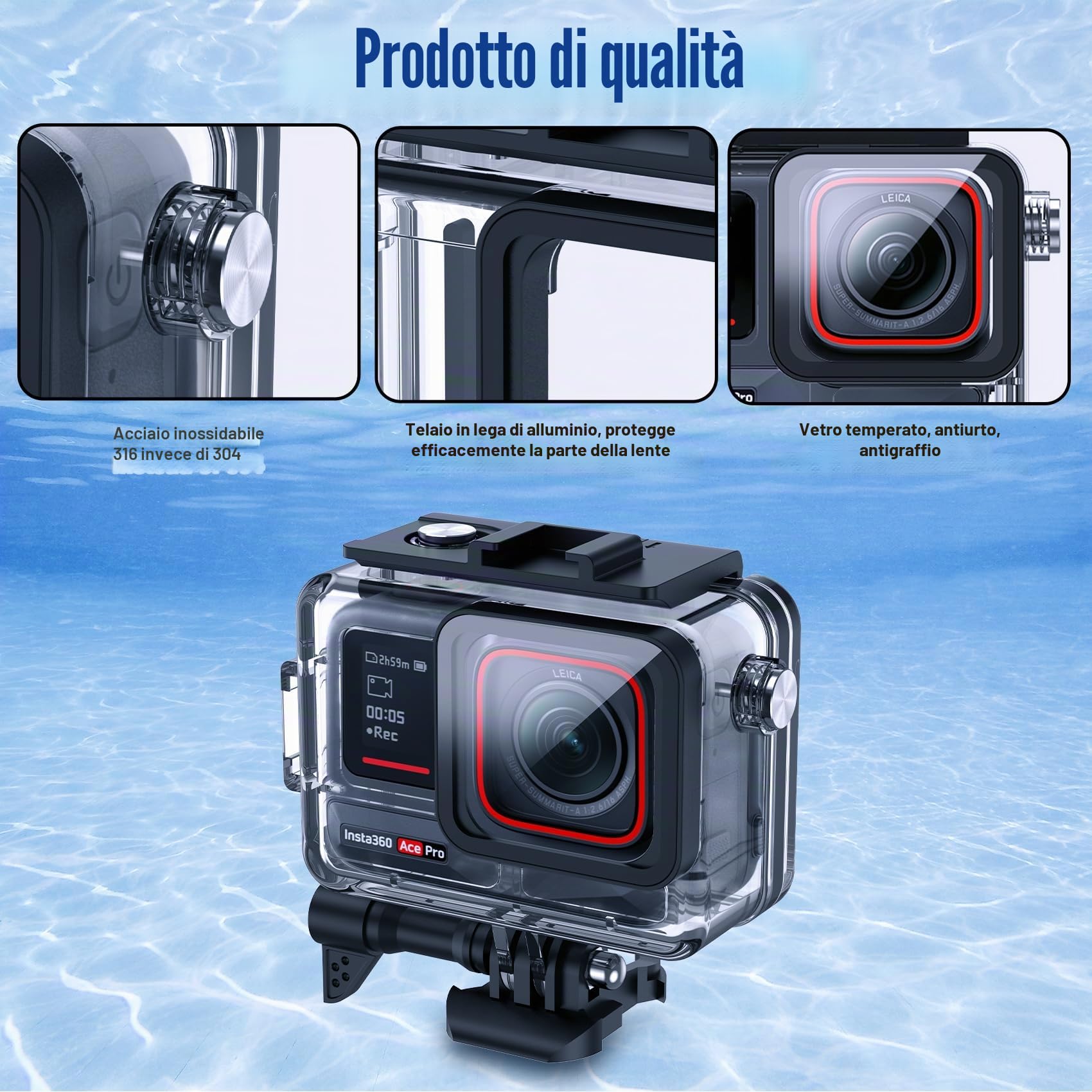 Custodia impermeabile per Insta 360 Acepro, Dive Case with Physical Harden Glass & Alluminio Alloy Frame Underwater Impermeabile fino a 60 m/197 ft with Two Mounts, Three Protective Films