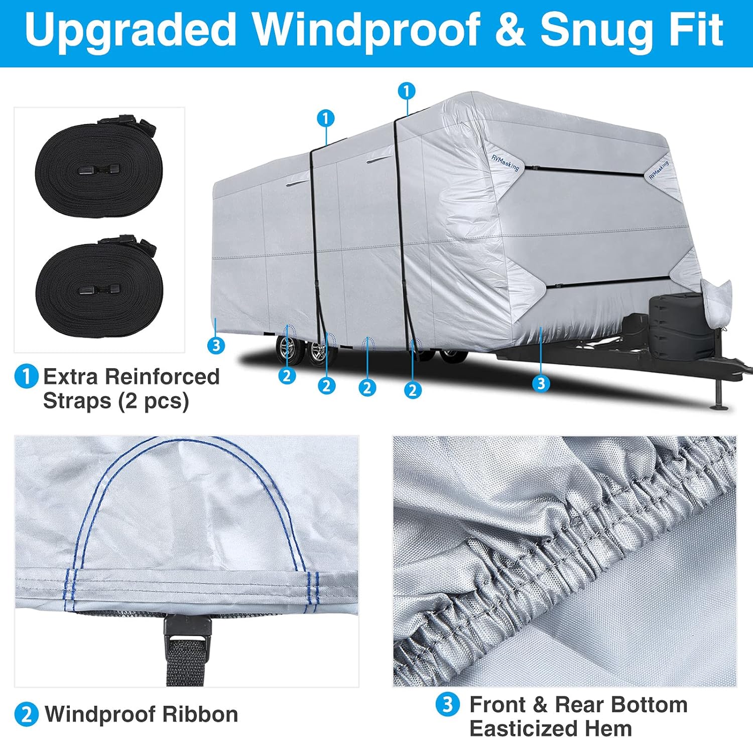 RVMasking 2021 Upgraded 150D Travel Trailer RV Cover Fits 24' 1"-26' RV, Ripstop Camper Cover with Tongue Jack Cover and Gutter Cover(Sponge Design) : Automotive