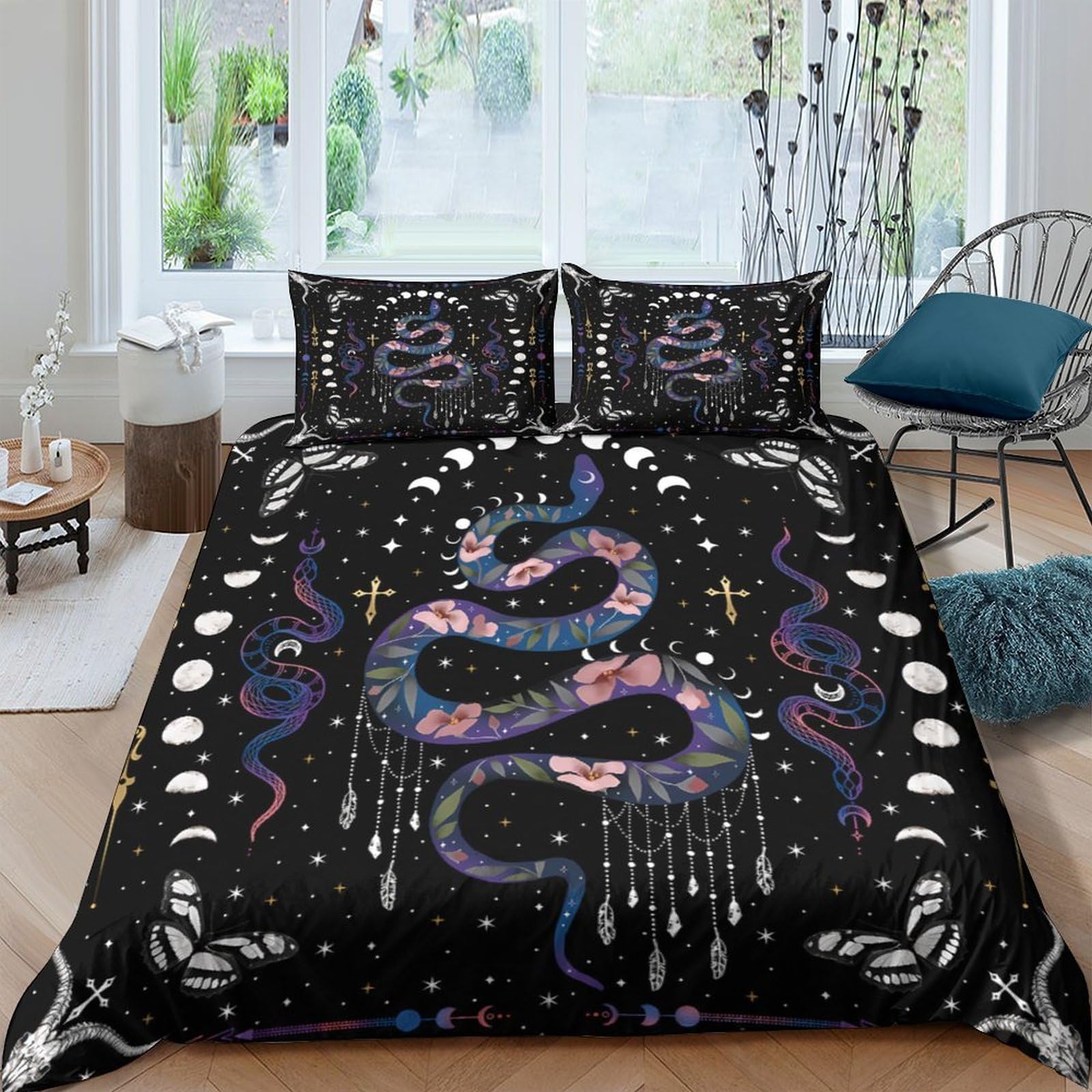 Ctjqhvkz Style-4 3D Printed Mystical Snake Fitted Sheet Microfiber Soft Black Moon Phase Bed Cover For Bedroom Dorm Mattress Decor Single（135X200cm）