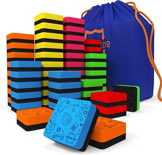 Scribbledo 60 Pack Dry Erase Erasers Assorted Colors Magnetic Whiteboard Erasers for Kids and Students - Smudge Free Small Dry Erase Board Erasers for Classroom Home, School and Office