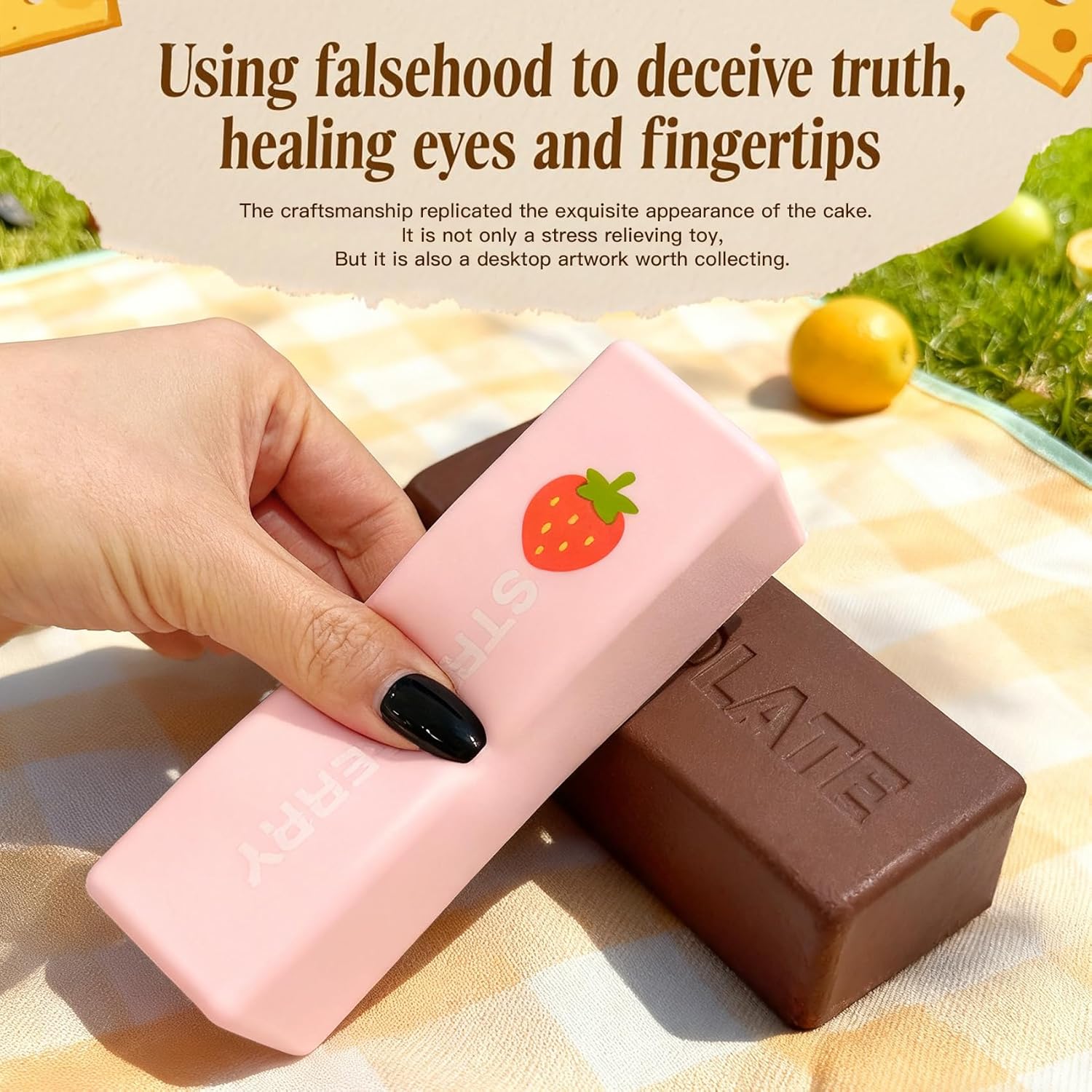 2 Pack Squishy Fidget Blocks - Strawberry & Chocolate Slow Rising Squeeze Foam for Stress Relief - Calming Desk Accessory and Focus Aid for Adults, Office & Study