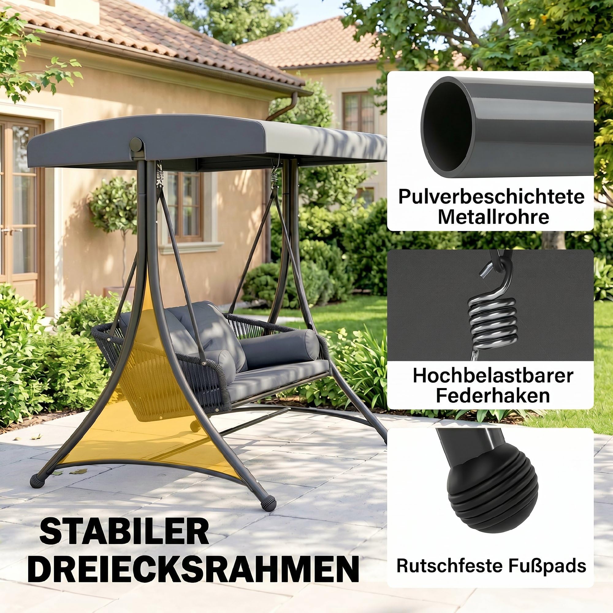 Outsunny 2-zits Rotan Hollywoodschommel - 140x110x151 Cm - Verstelbaar Zonnedak - Stalen Frame - Belastbaar 180 Kg - Zwart