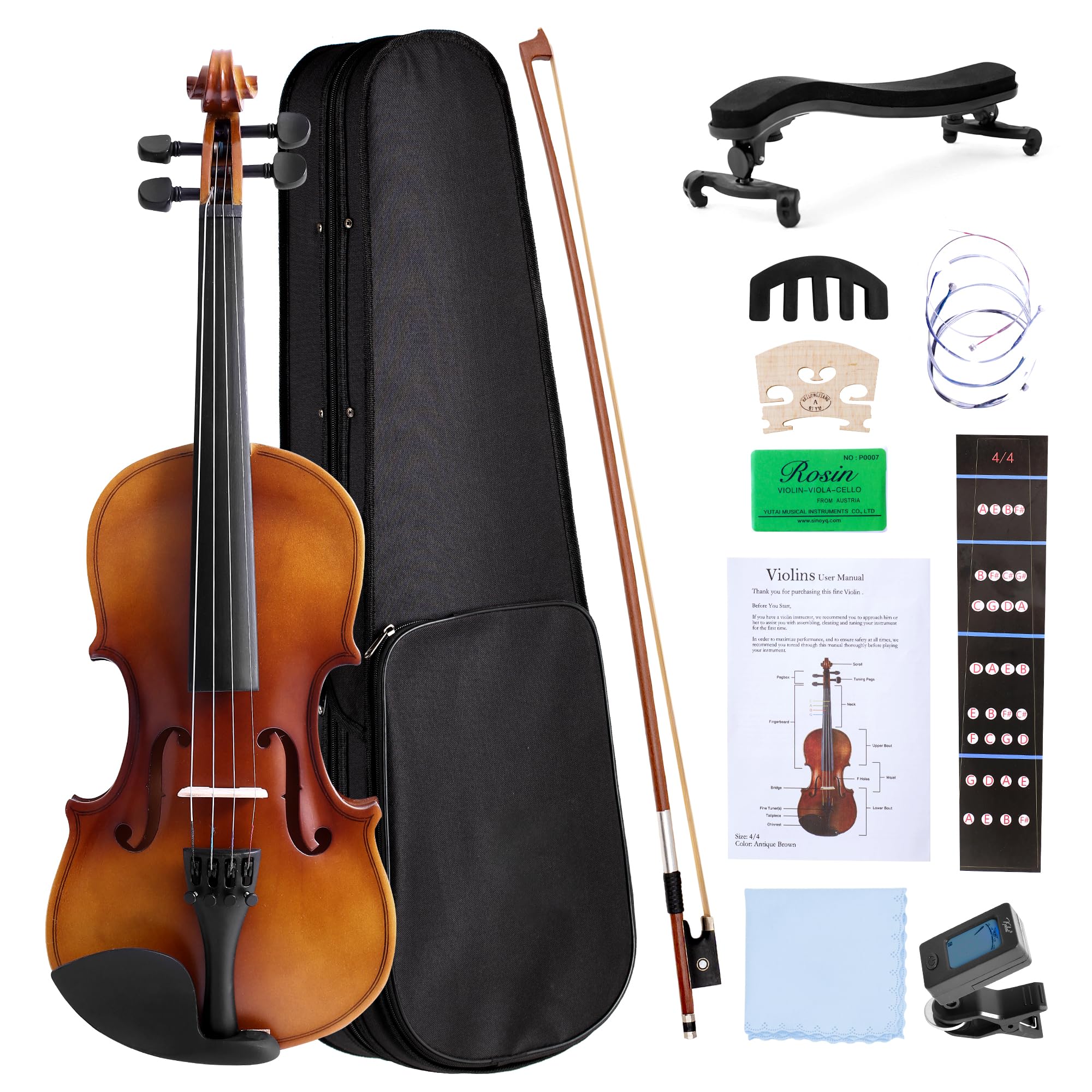 MOSAYA Violin 4/4 Full Size for Beginner Kids with Violin Strings Violin Bow Violin Rosin Shoulder Rest Violin Tuner Finger Guide for Violins and Violin Case, Antique Matte