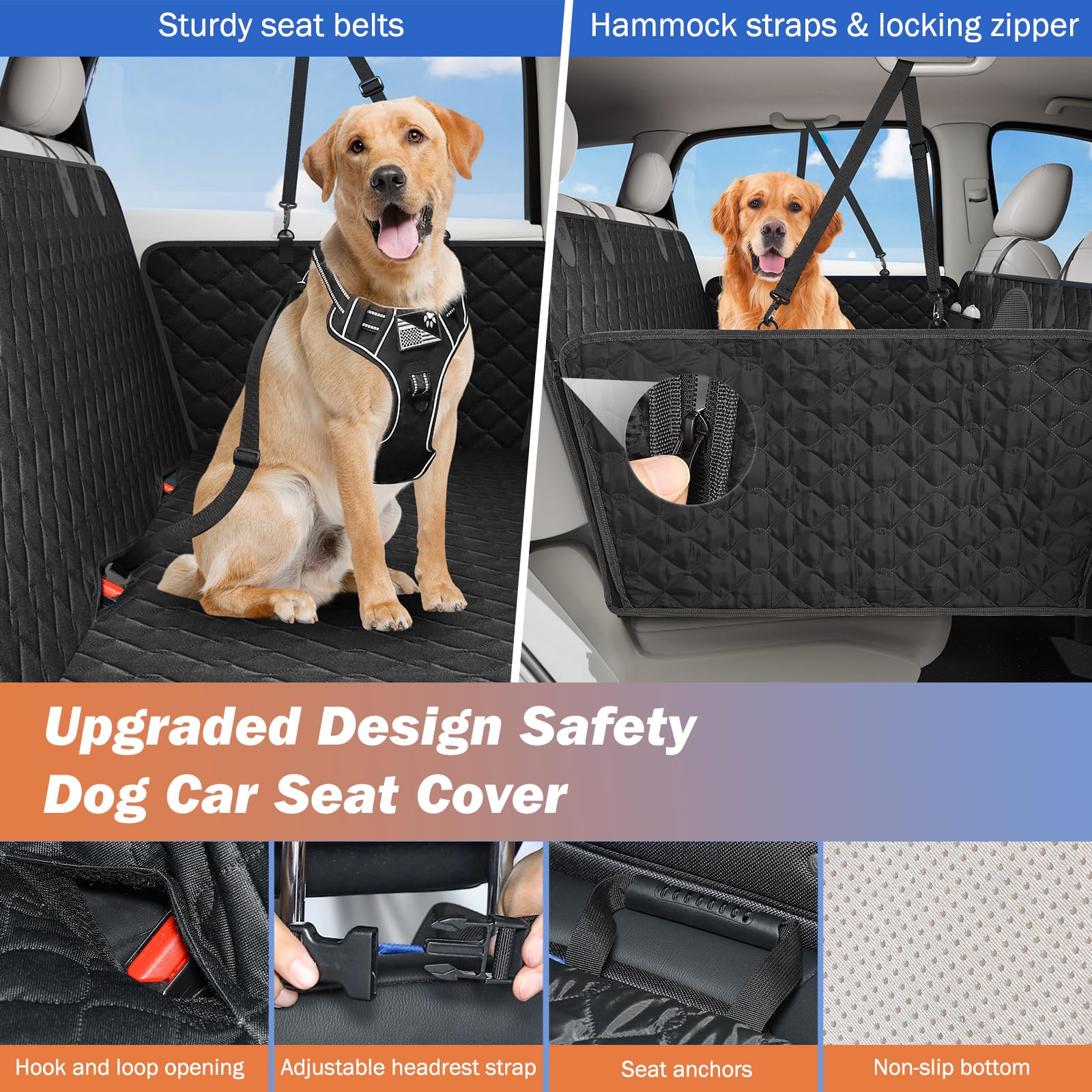 Hundeautositzbezug mit festem Boden, Schwarz | Rücksitzverlängerung mit wasserdichter Abdeckung, Netzfenster, Tasche, Hundehängematte für Auto, kleiner Transporter
