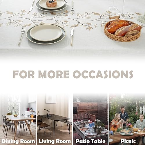 Miniatura 5 de Mantel rectangular para mesa rectangular, mantel de lino de algodón resistente, impermeable, suave y sin arrugas, con borlas, flor café, 55 x 102