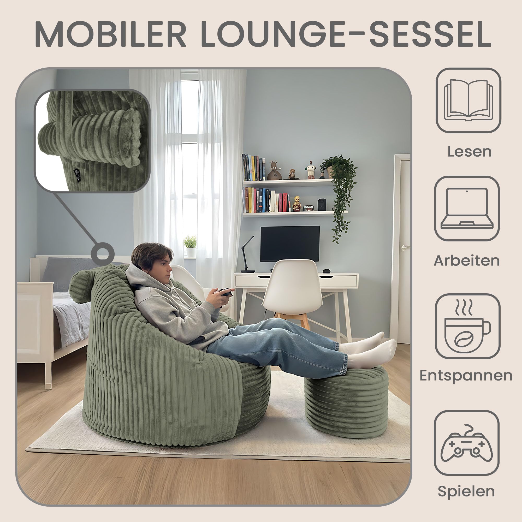 DreamRoots Sitzsack Erwachsene Cord, Sessel mit Hocker, Grün | Bean Bag Chair, Lesesessel, 92x70x100 cm, Kopfstütze & Aufbewahrungstasche, superweich, waschbarer Bezug, 420 g/m²