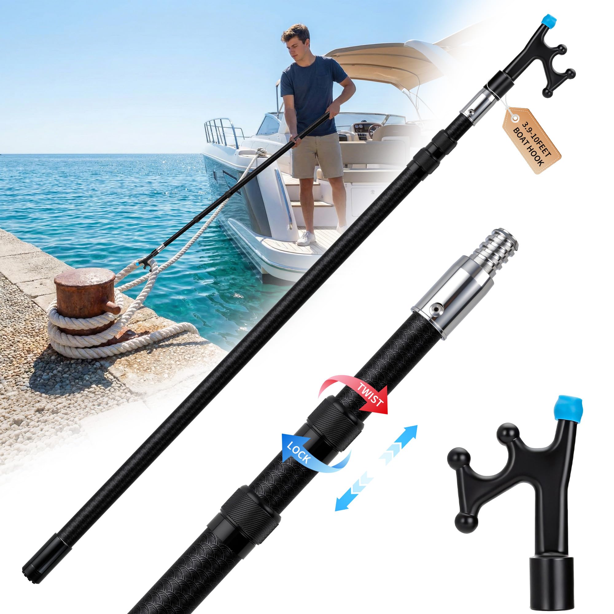 Telescoping Boat Hook for Docking with Protective Rubber Tip Extension Pole