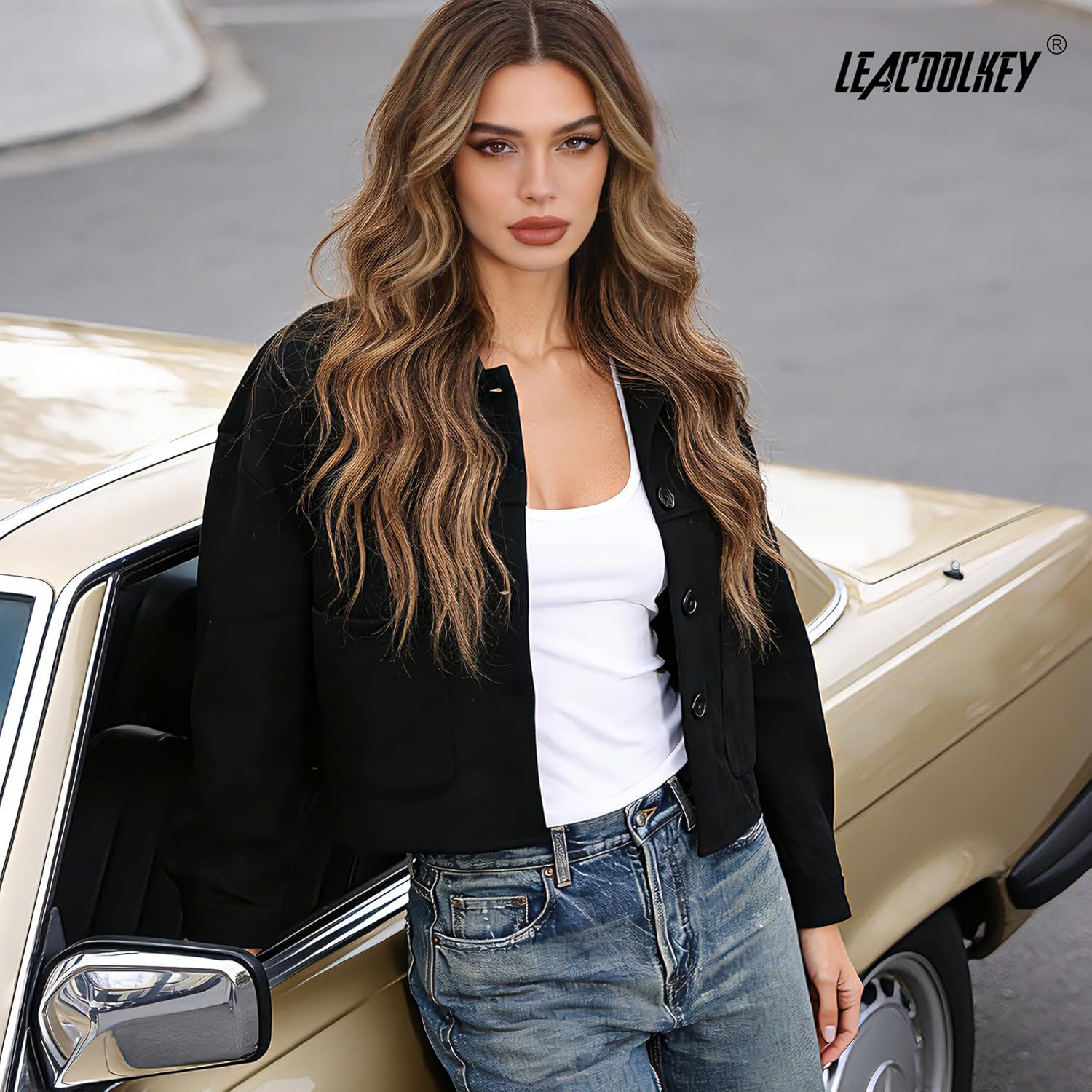 LEACOOLKEY Women's Faux Suede Cropped Jacket Casual Lightweight Coat Fall Winter Fashion Outerwear