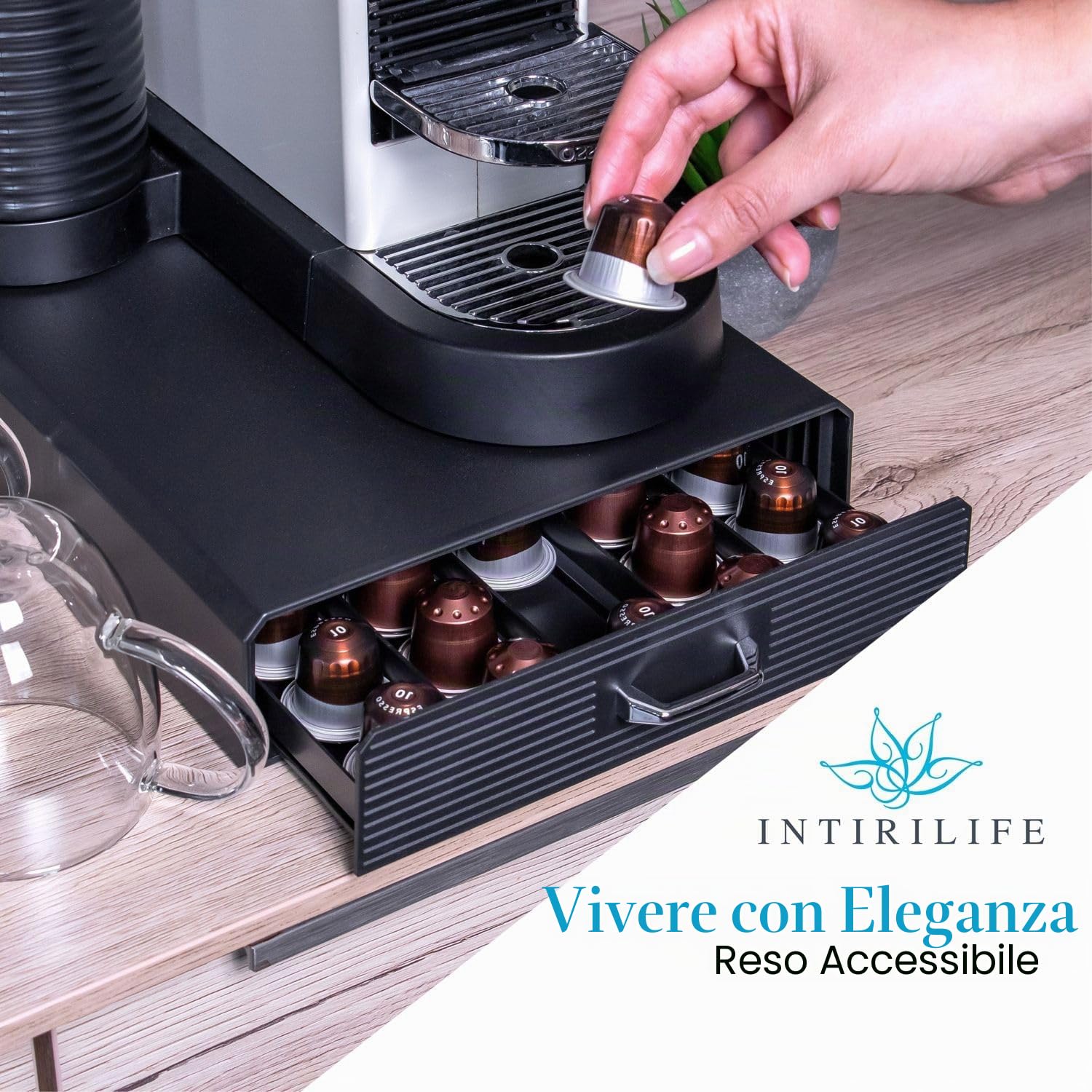 INTIRILIFE Cassetto portacapsule 50 Capsule di caffè- Compatibile con Le Capsule Nespresso -38.2 x 23.2 x 5,6 cm- Cassetto portacapsule Cassetto portacapsule in Nero Macchina per Capsule